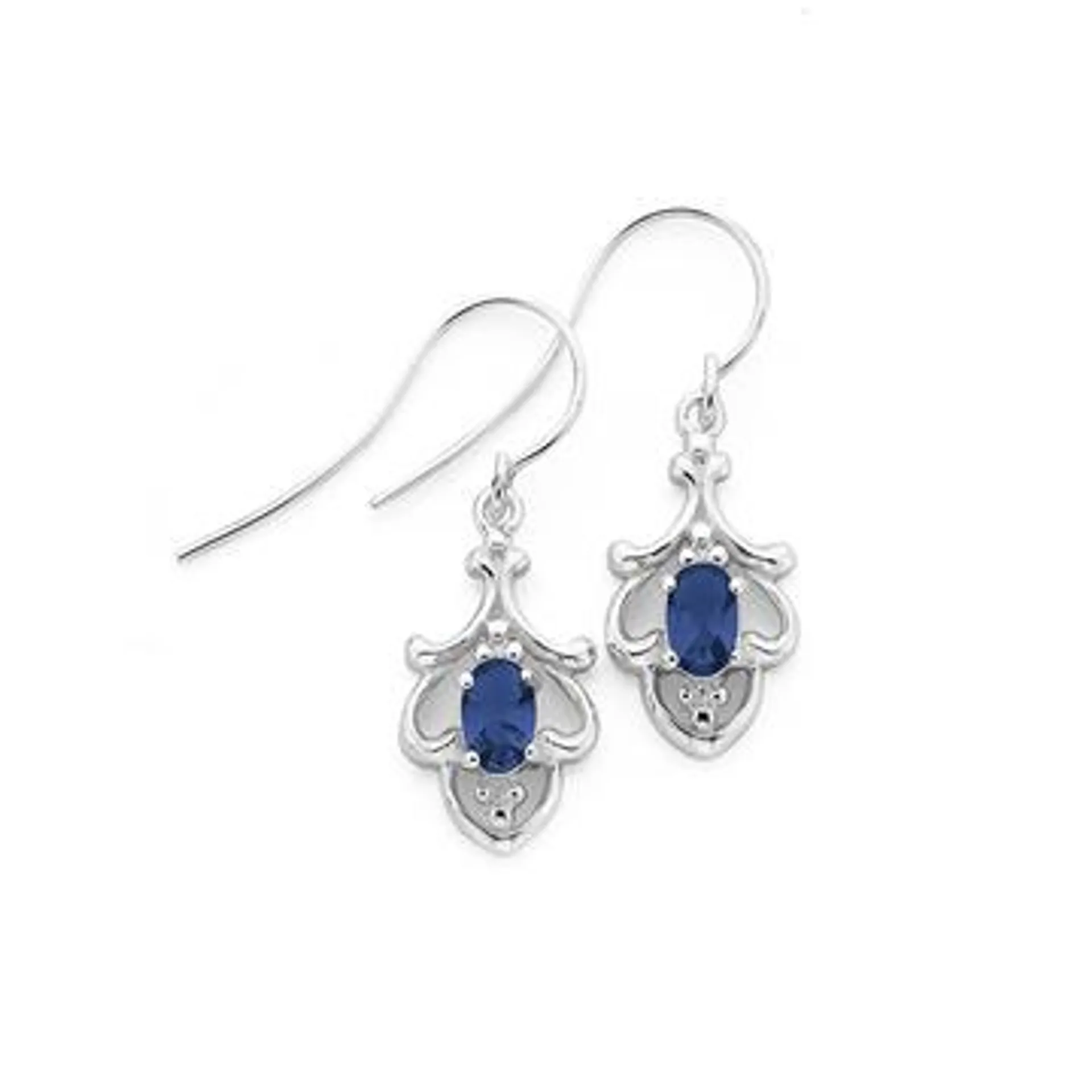 Silver Oval Dark Blue Scroll Drop Earrings