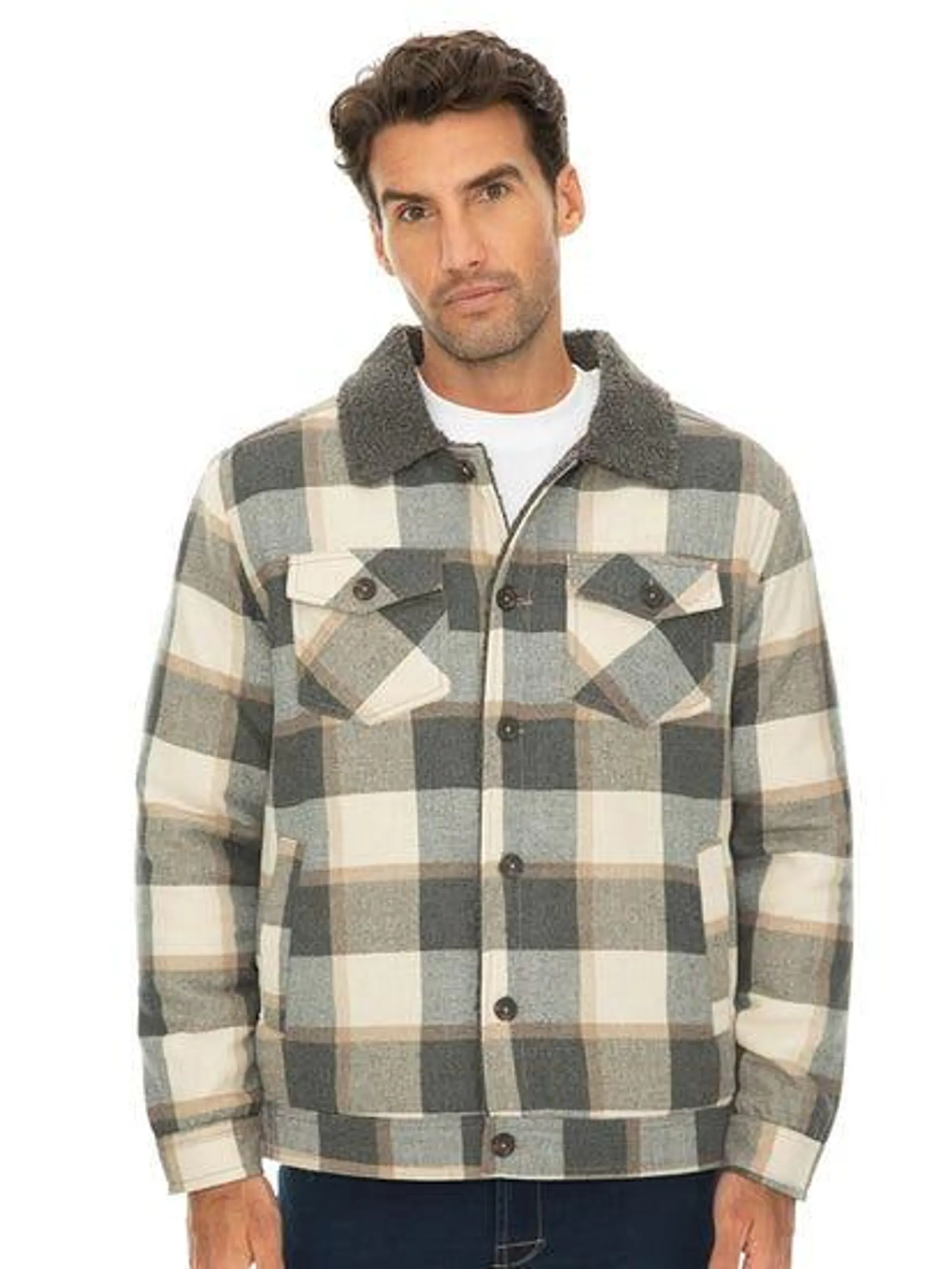 Mens Check Sherpa Lined Button Front Jacket White Grey & Tan Check