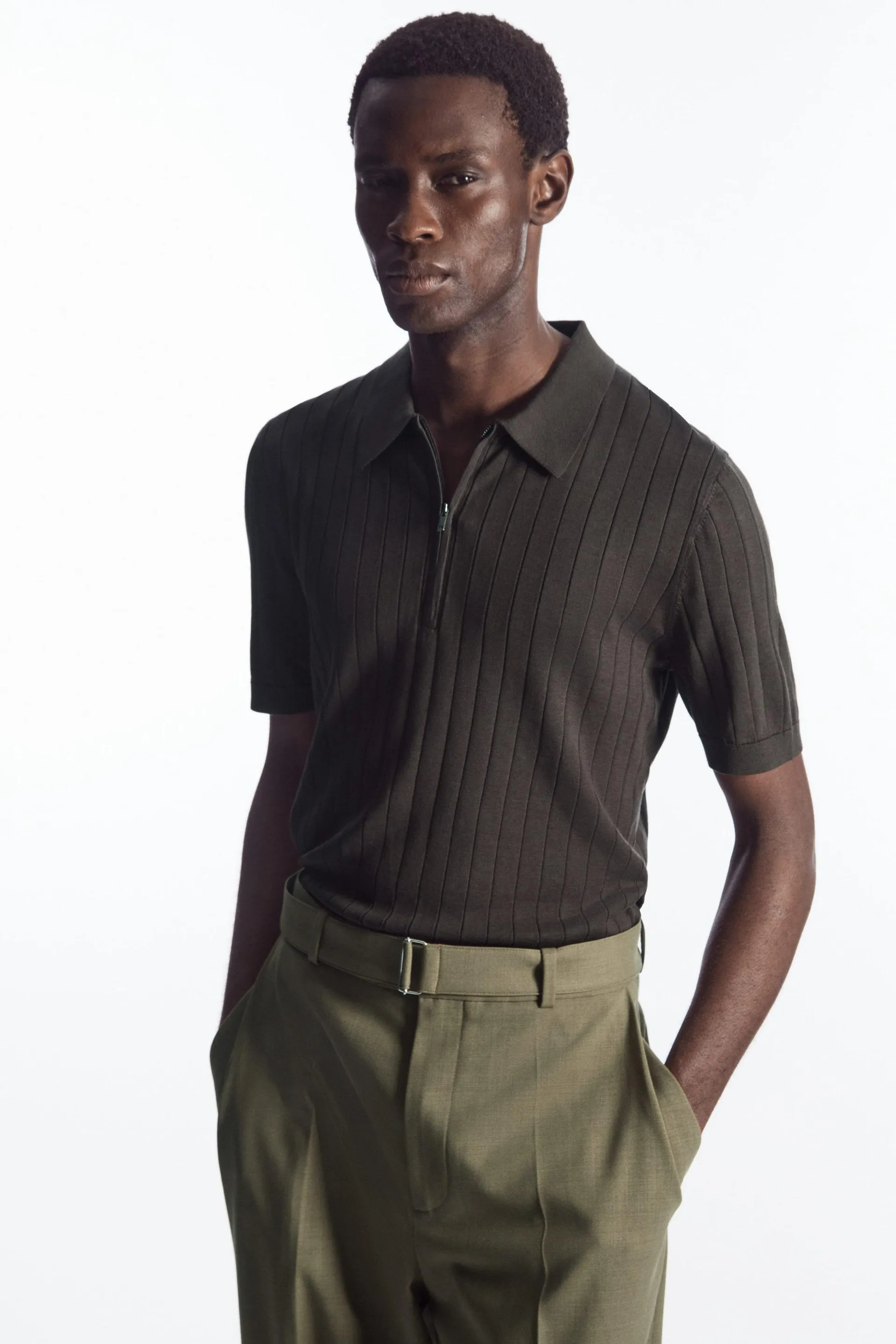 RIBBED-KNIT MULBERRY SILK POLO SHIRT