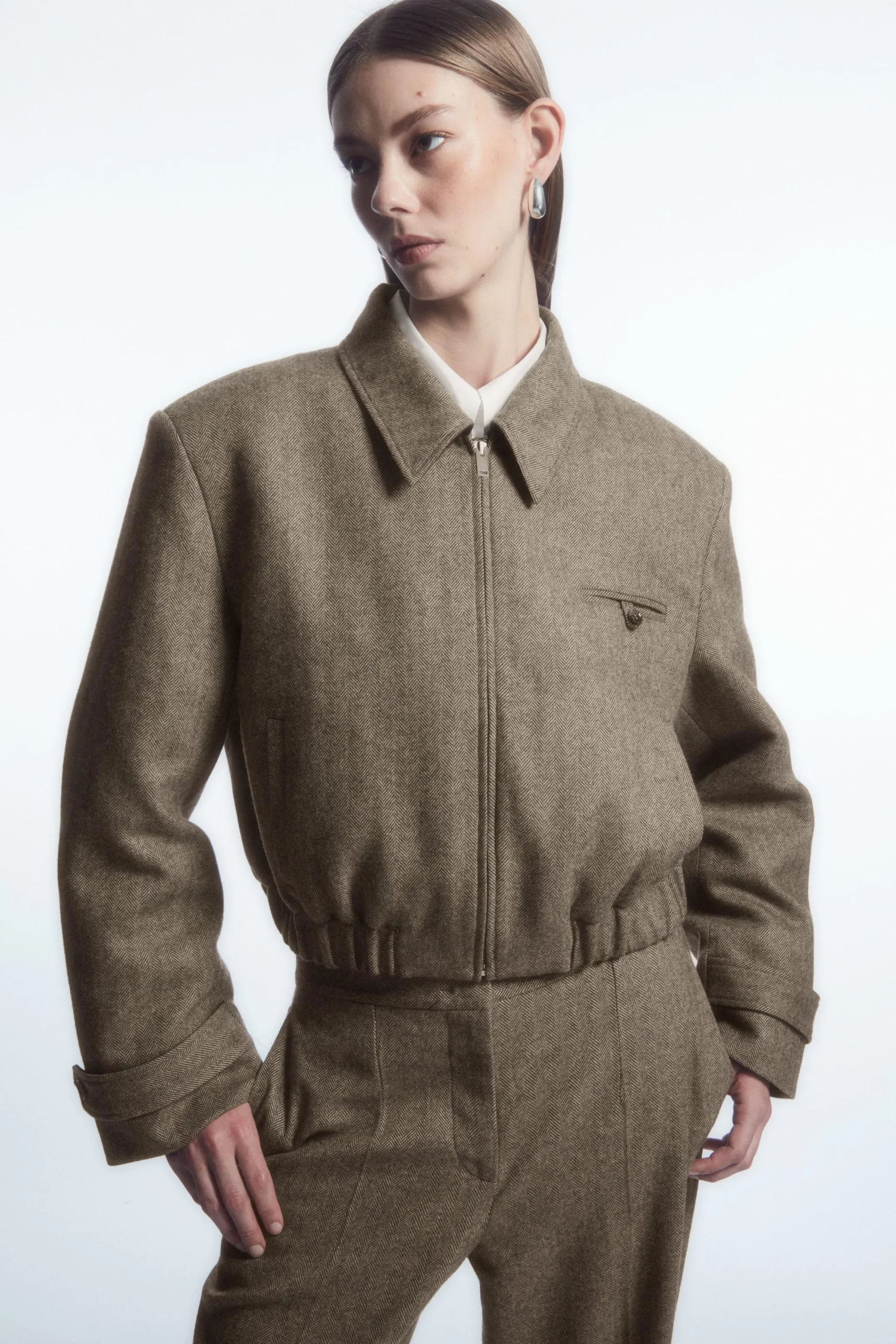 POWER-SHOULDER WOOL-HERRINGBONE JACKET