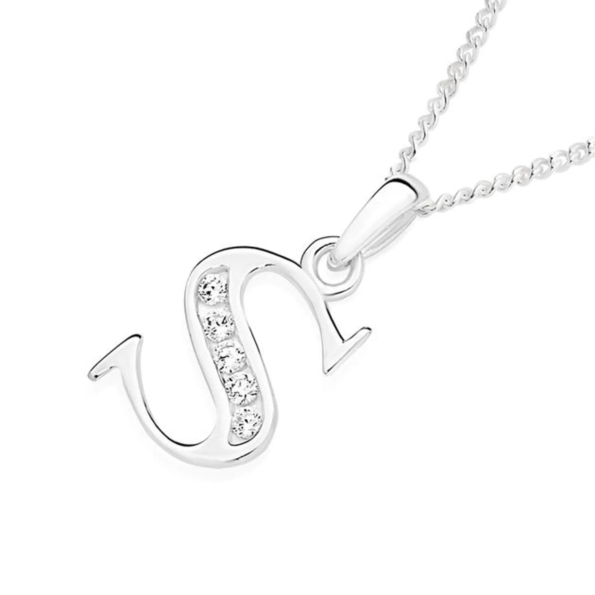 Silver CZ Block Initial S Pendant