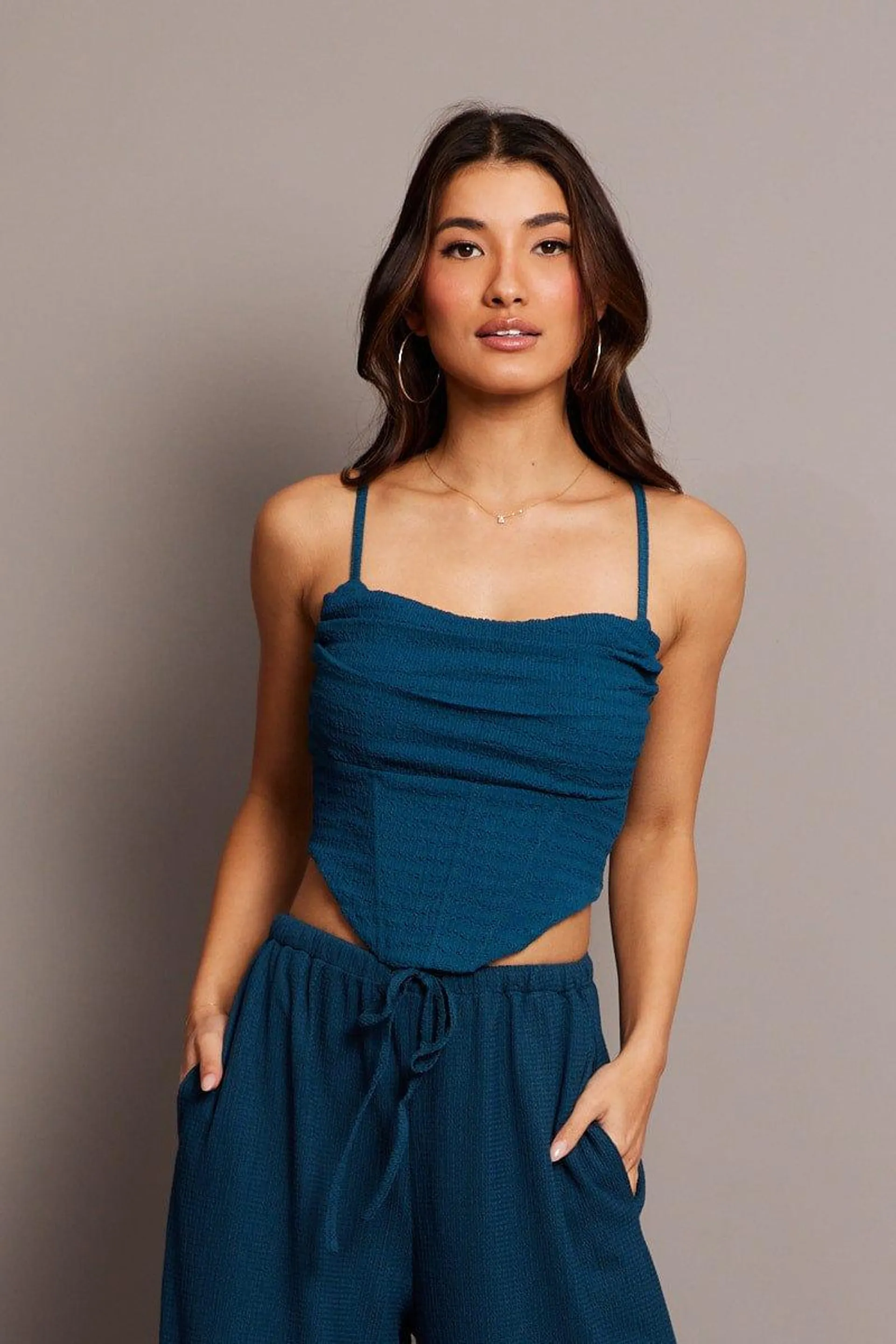 Blue Cami Top Sleeveless Cowl Neck Textured