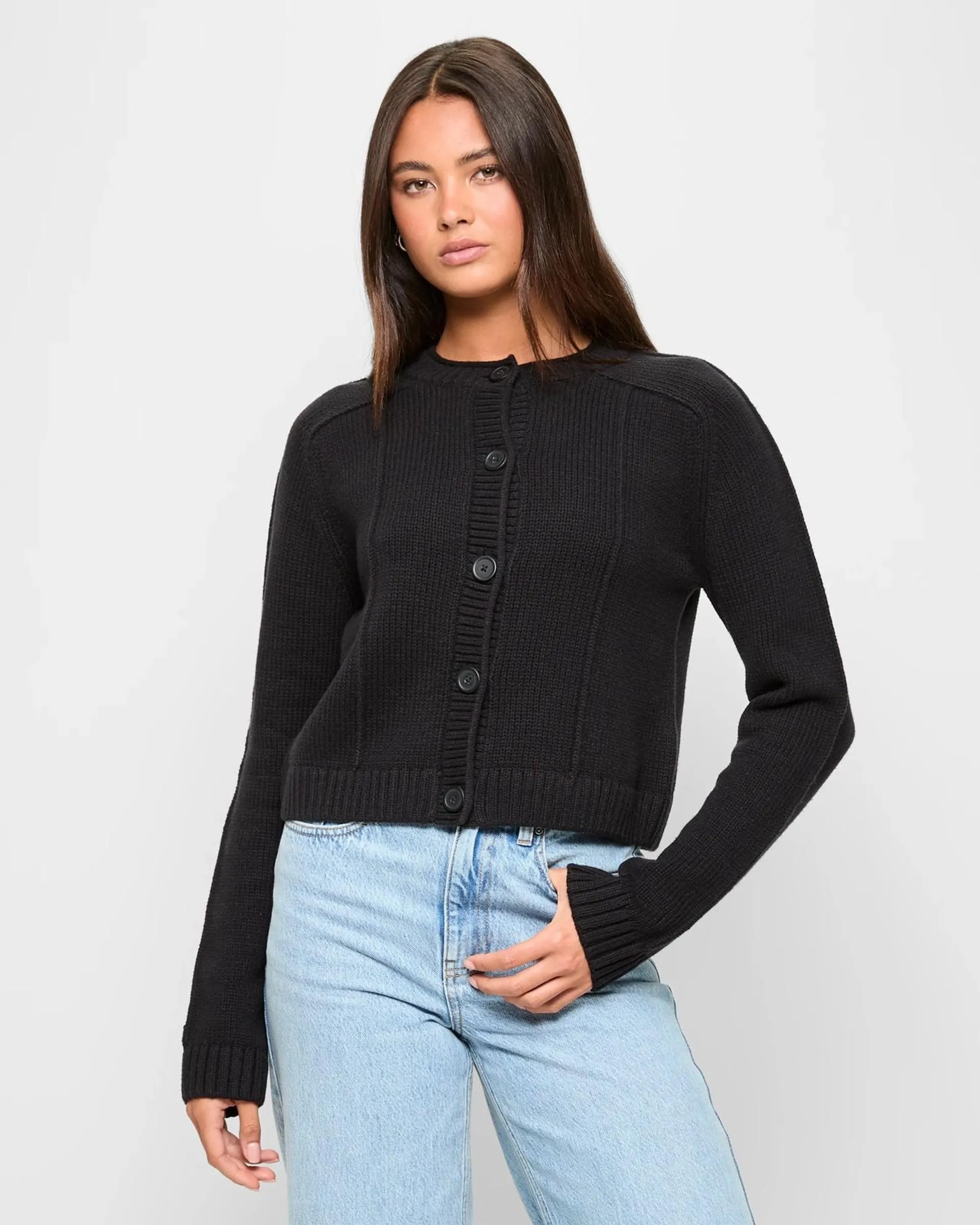 Australian Cotton Exposed Seam Knit Cardigan - Lily Loves - Black