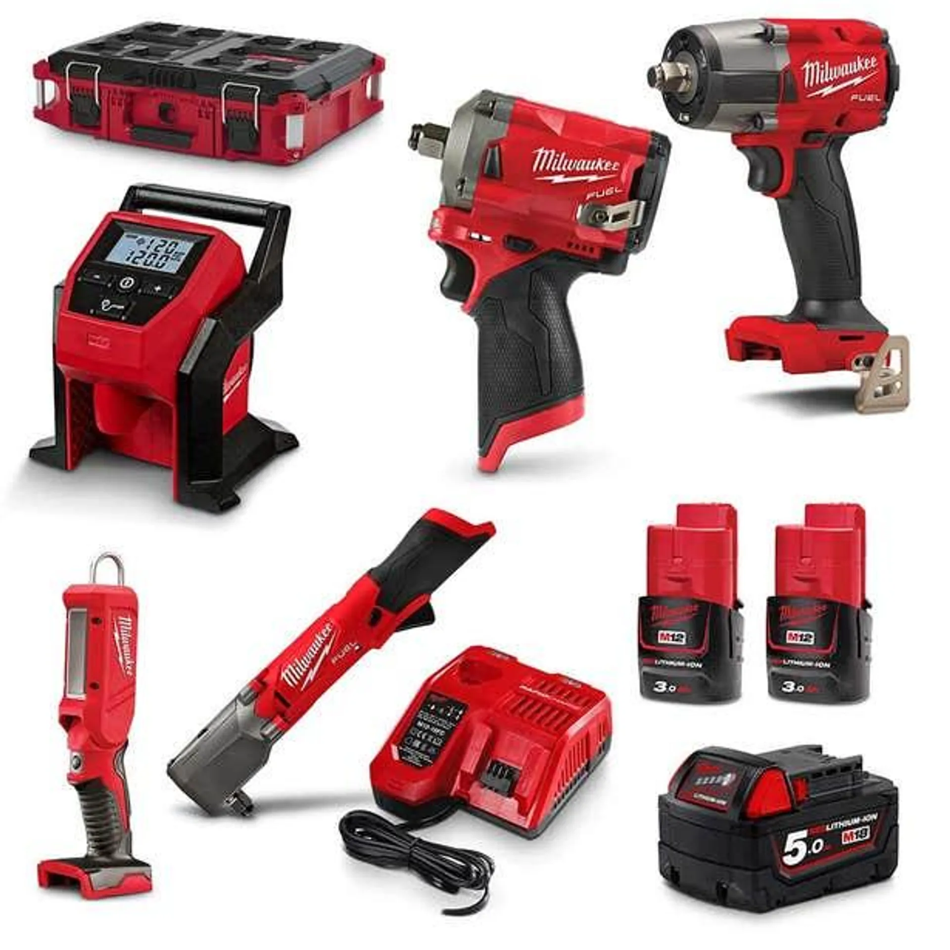 MILWAUKEE 18V 12V FUEL™ & 18V FUEL™ 5 Piece 1 x 5.0Ah 2 x 3.0Ah Combo Kit Power Pack M18FPP5N533P