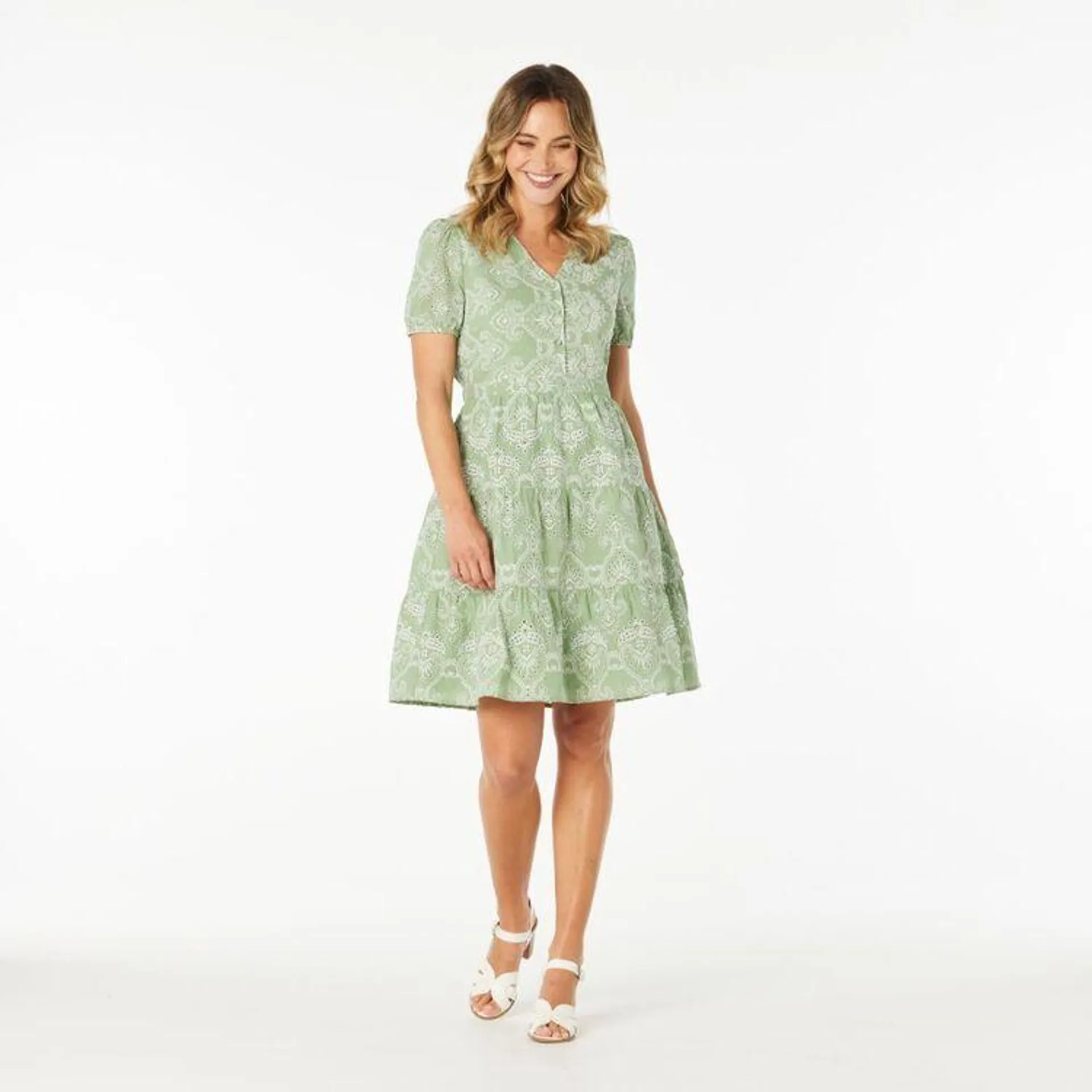 Khoko Edition Women's Broderie Fit & Flare Dress Sage