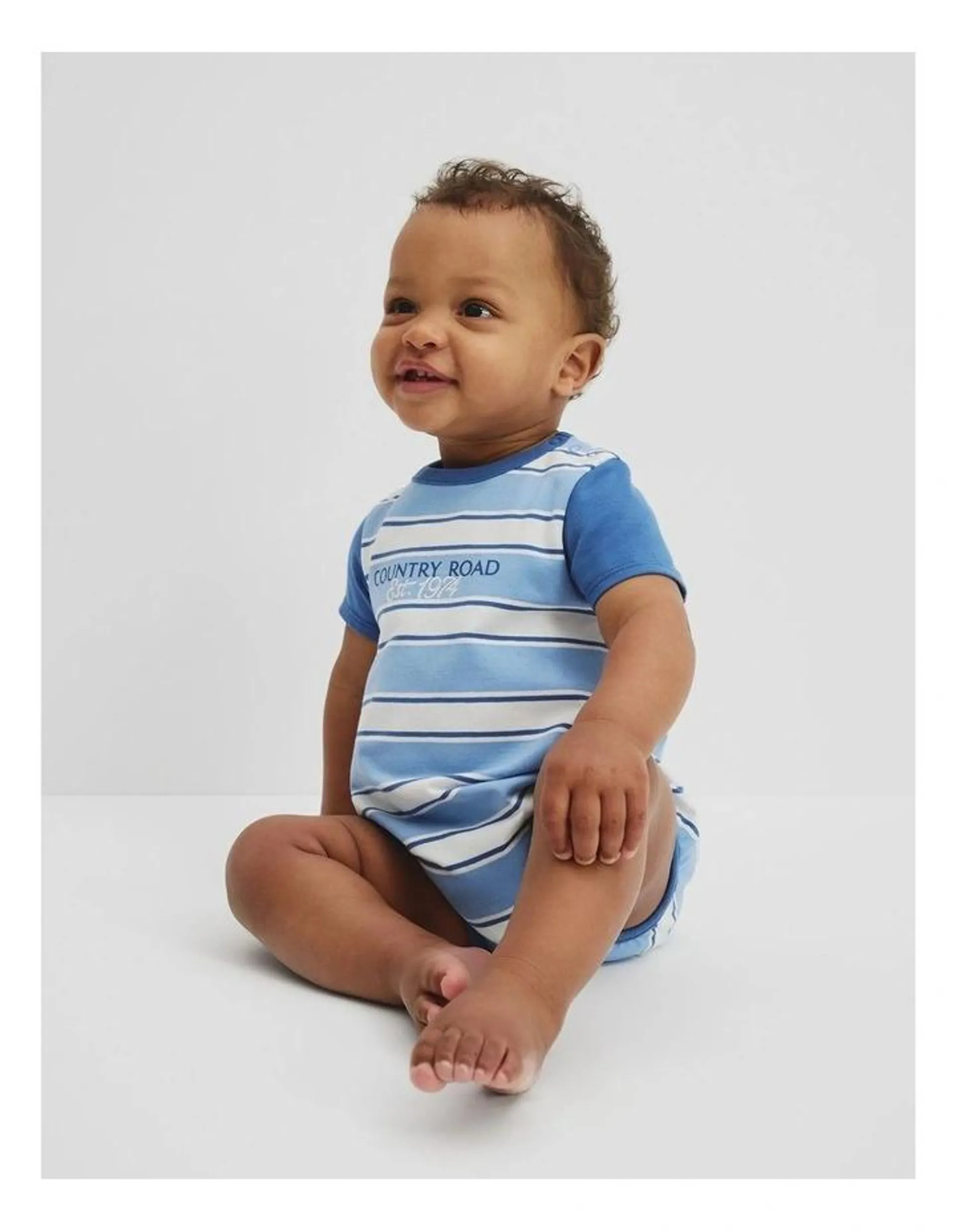 Organically Grown Cotton Country Road 74 Stripe Bodysuit in Arctic Blue