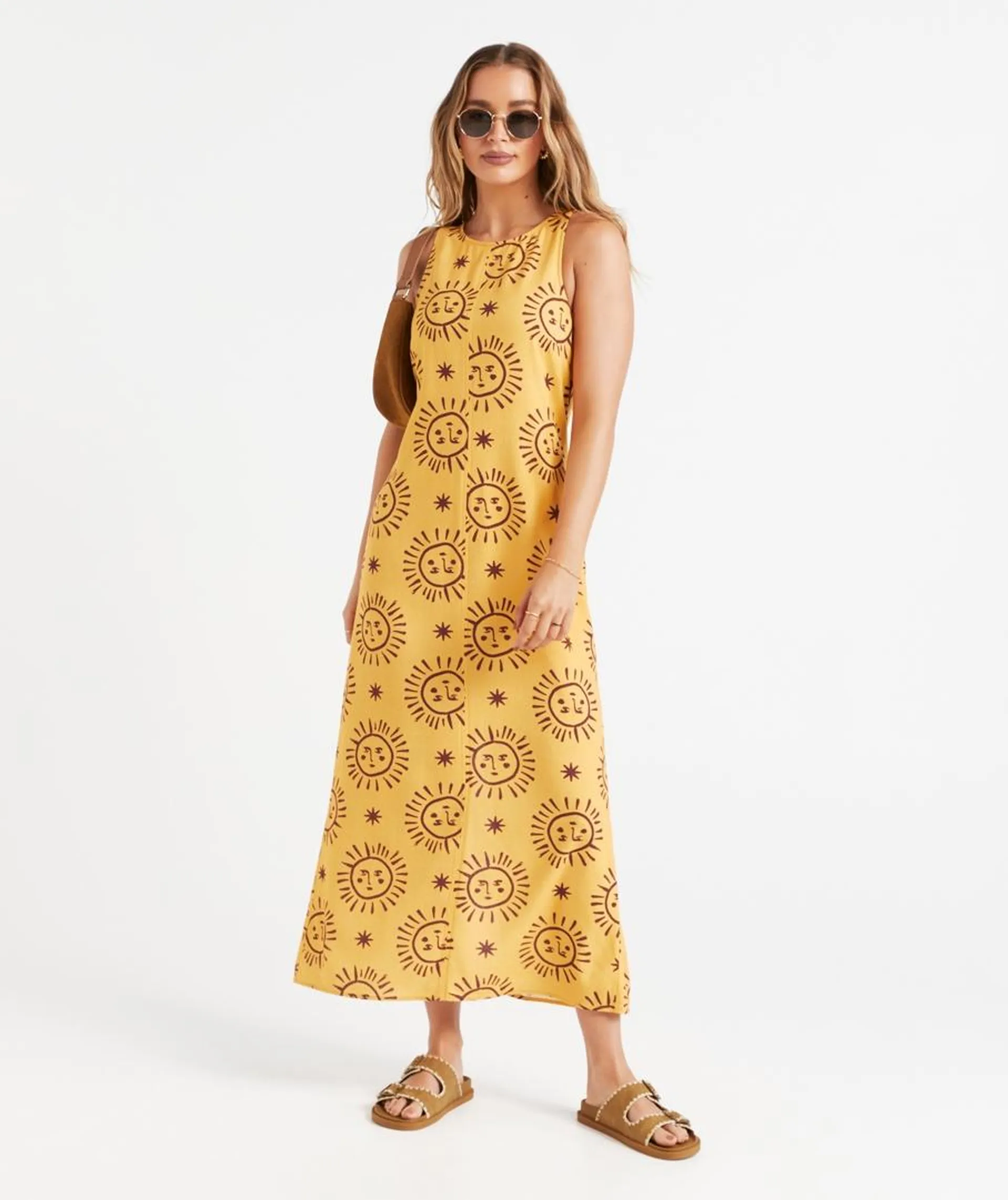 CARLA RACER NECK LINEN BLEND MIDI DRESS