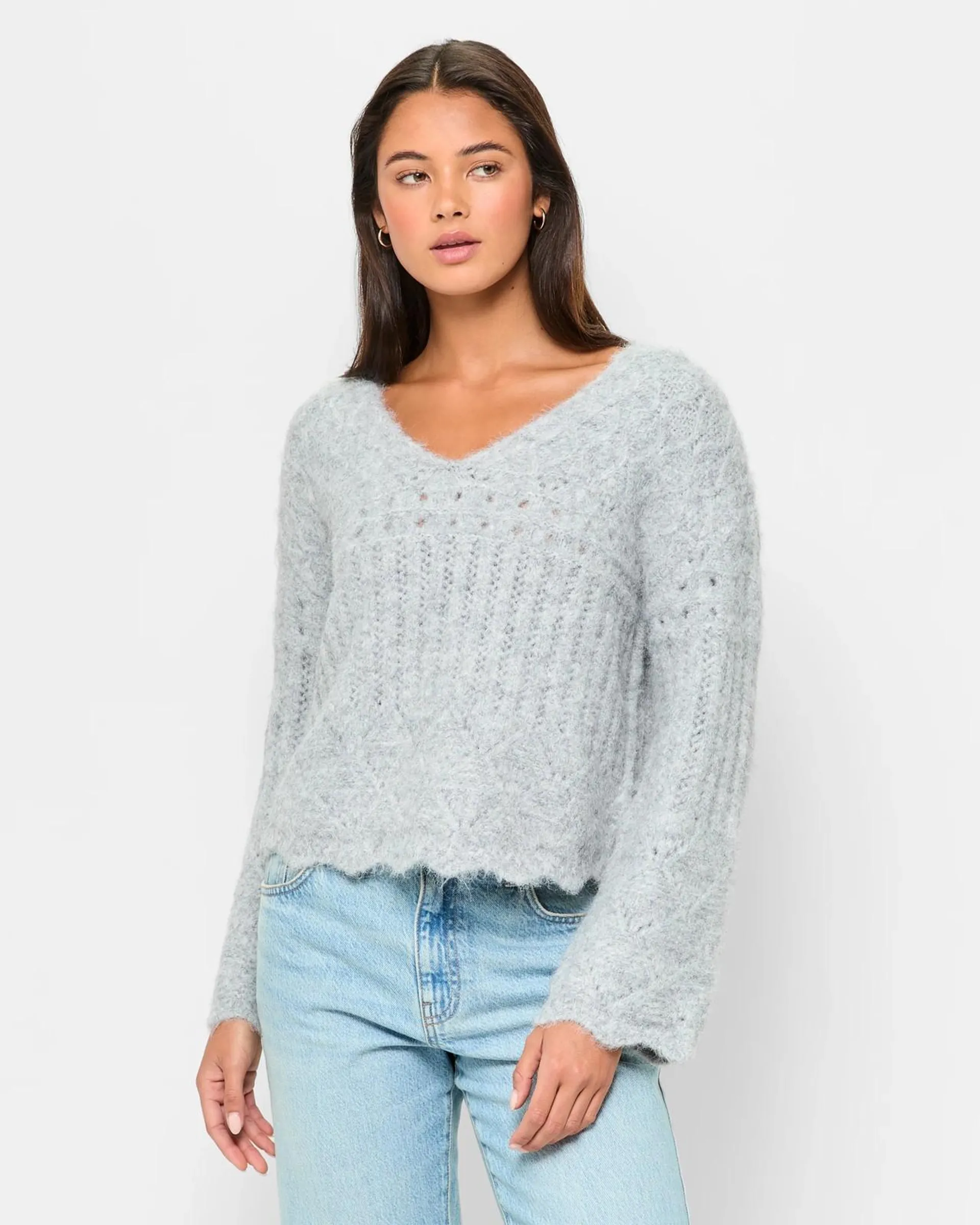 Pointelle V-Neck Jumper - Lily Loves - Light Grey Marle