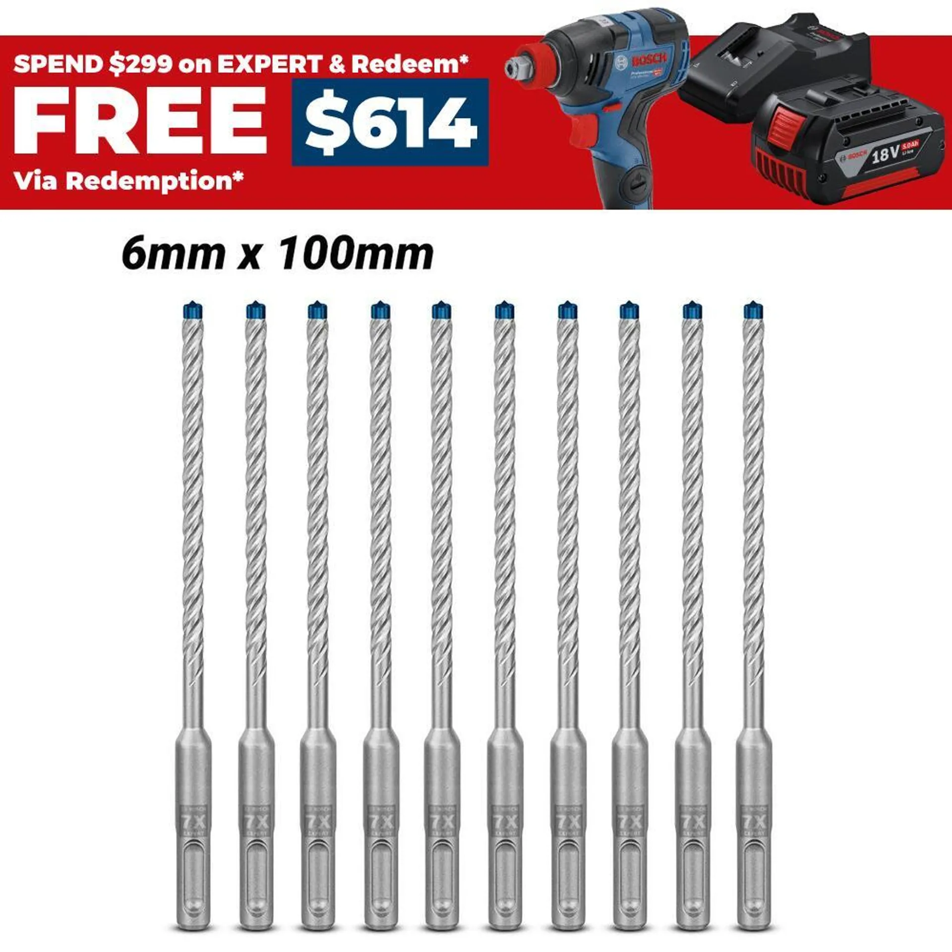 Bosch 2.608.900.160 EXPERT 10-Pack 6mm x 100mm x 165mm SDS Plus-7X Hammer Drill Bits