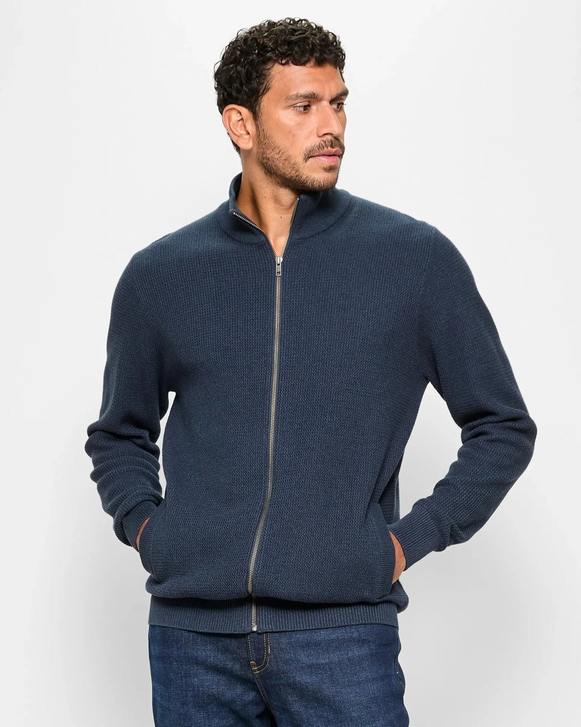 Australian Cotton Zip Through Knit Jacket - Navy Marle