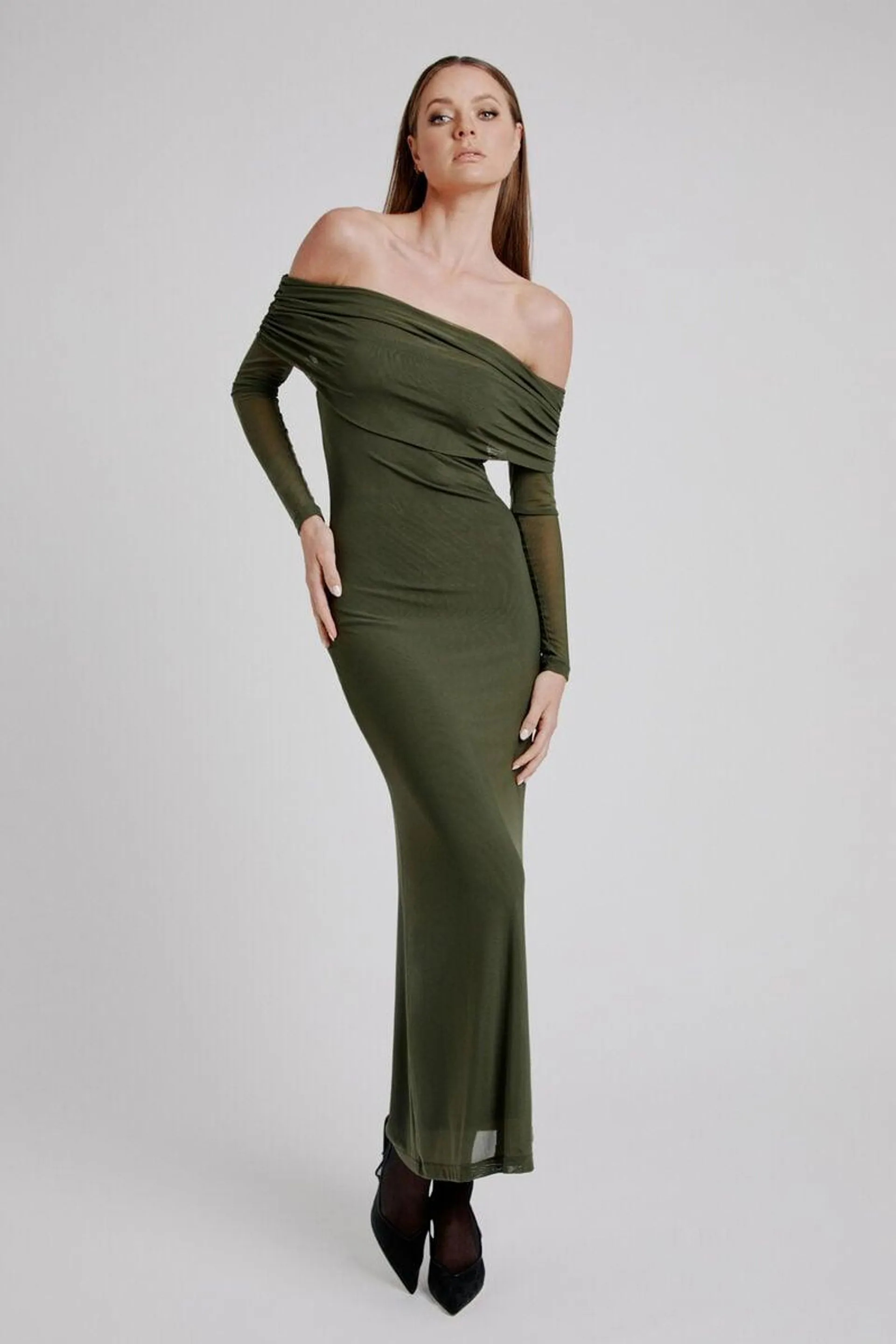 saphia mesh maxi dress in khaki