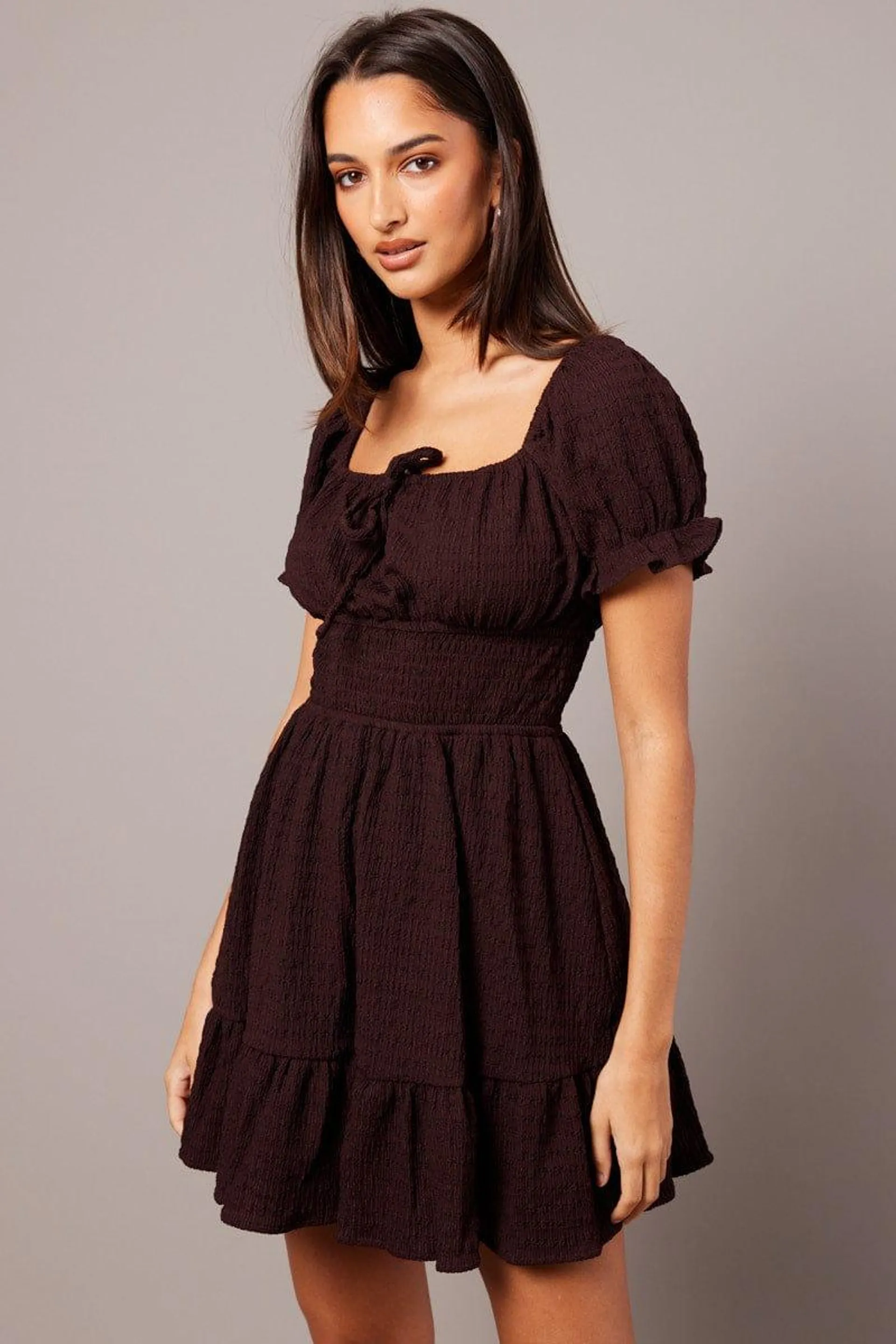 Brown Fit And Flare Dress Puff Sleeve Textured fabric