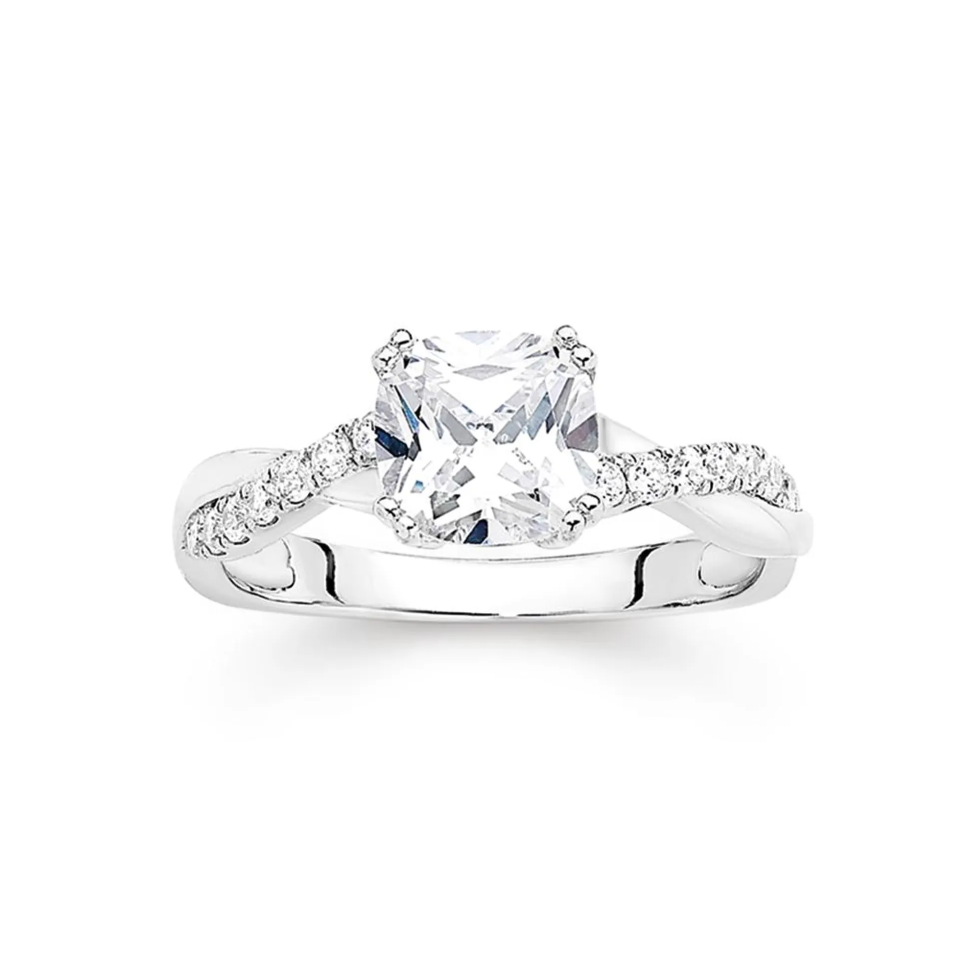 Silver CZ Cushion Twist Band Ring