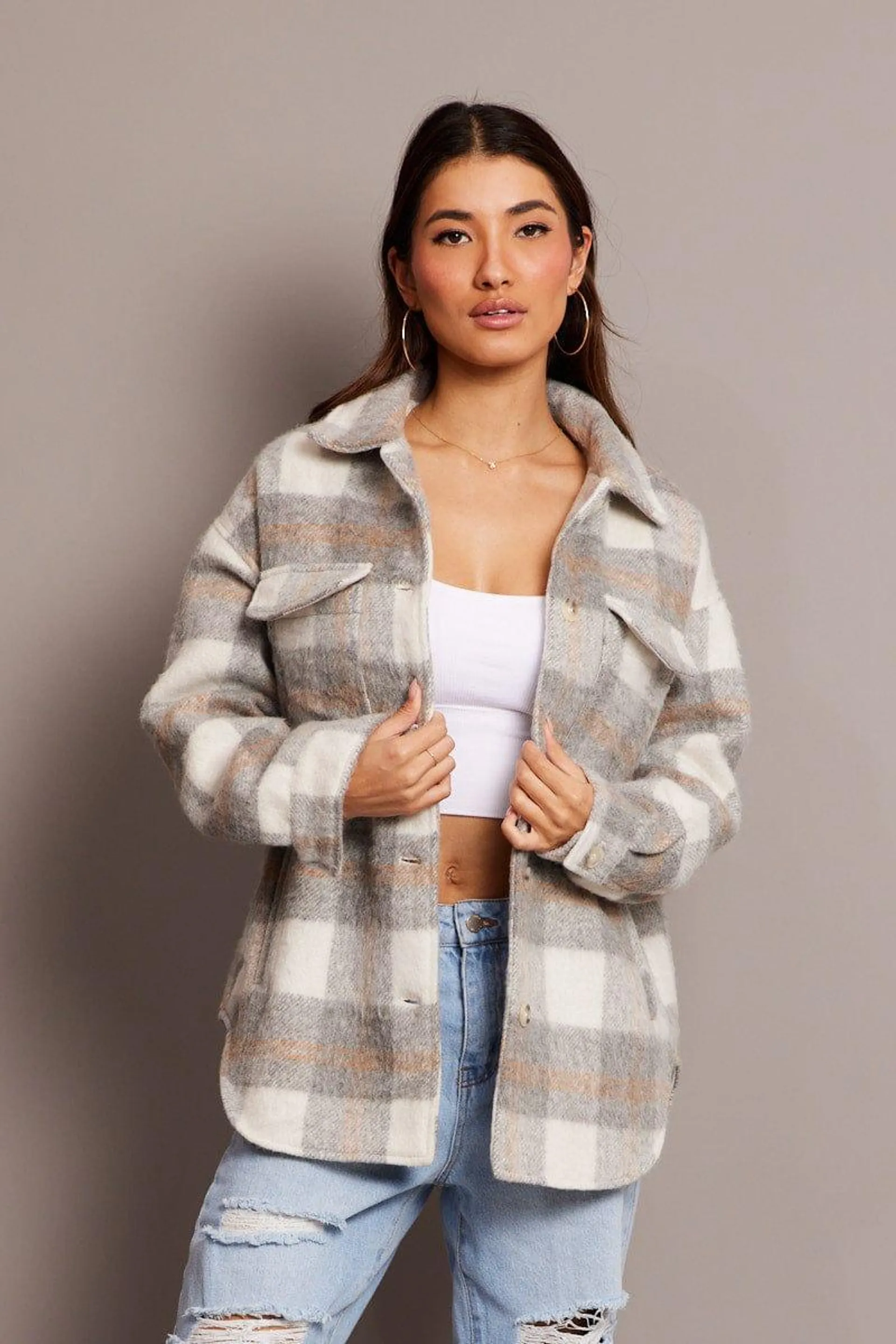 Grey Check Check Shacket Long Sleeve