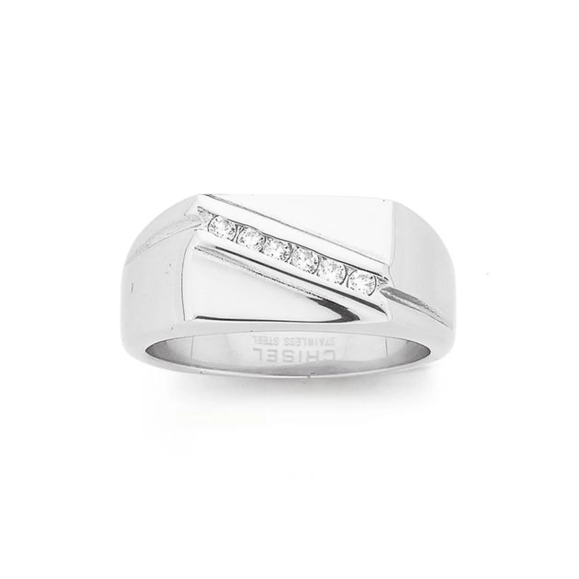 Steel Rectangle Cubic Zirconia Diagonal Line Ring