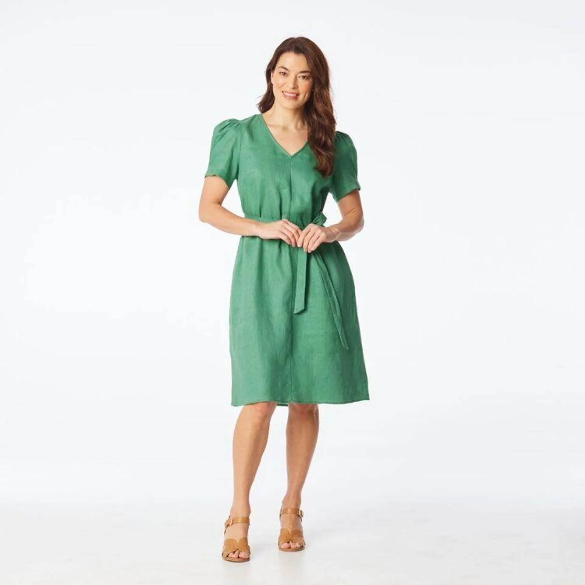 Khoko Edition Women's Linen Puff Sleeve Belted Dress Moss