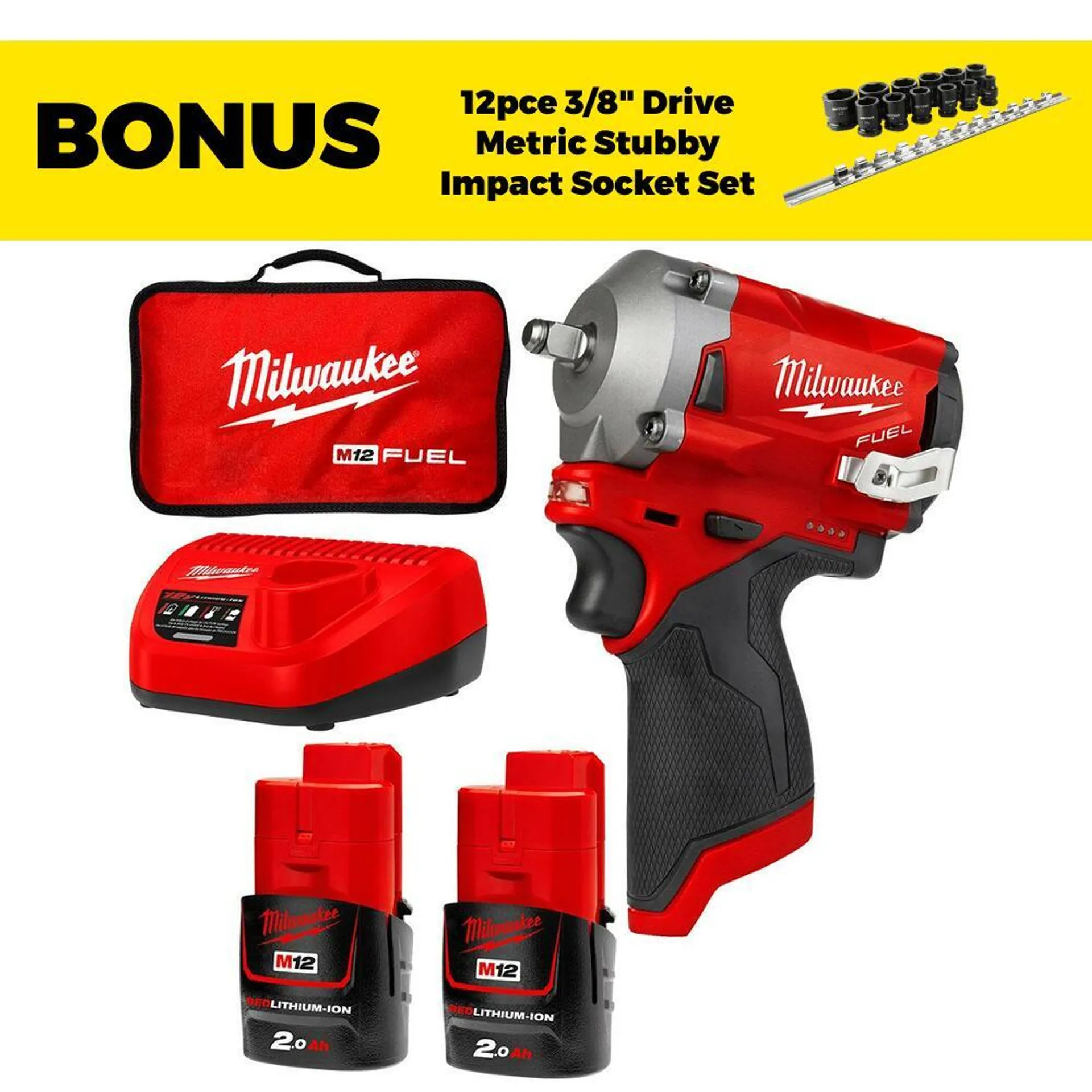 Milwaukee M12FIW38-202B 12V 2.0Ah Li-ion Cordless Fuel Stubby 3/8" Impact Wrench Combo Kit