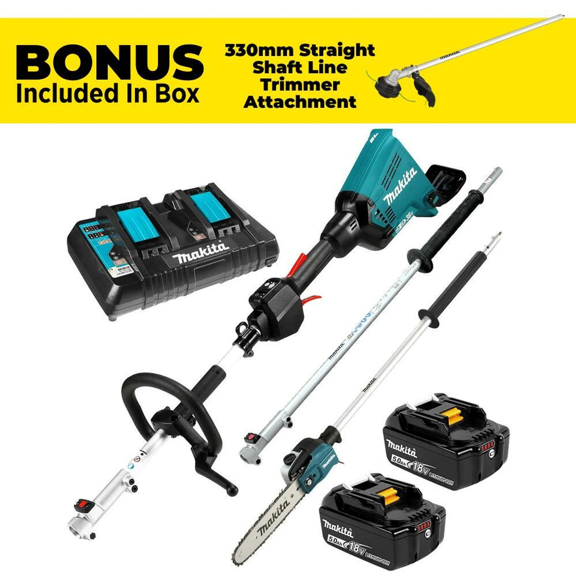 Makita DUX60PSPT2-B 36V (18V x 2) 5.0Ah Li-Ion Cordless Brushless Multi Function Power Head Combo Kit with Attachments