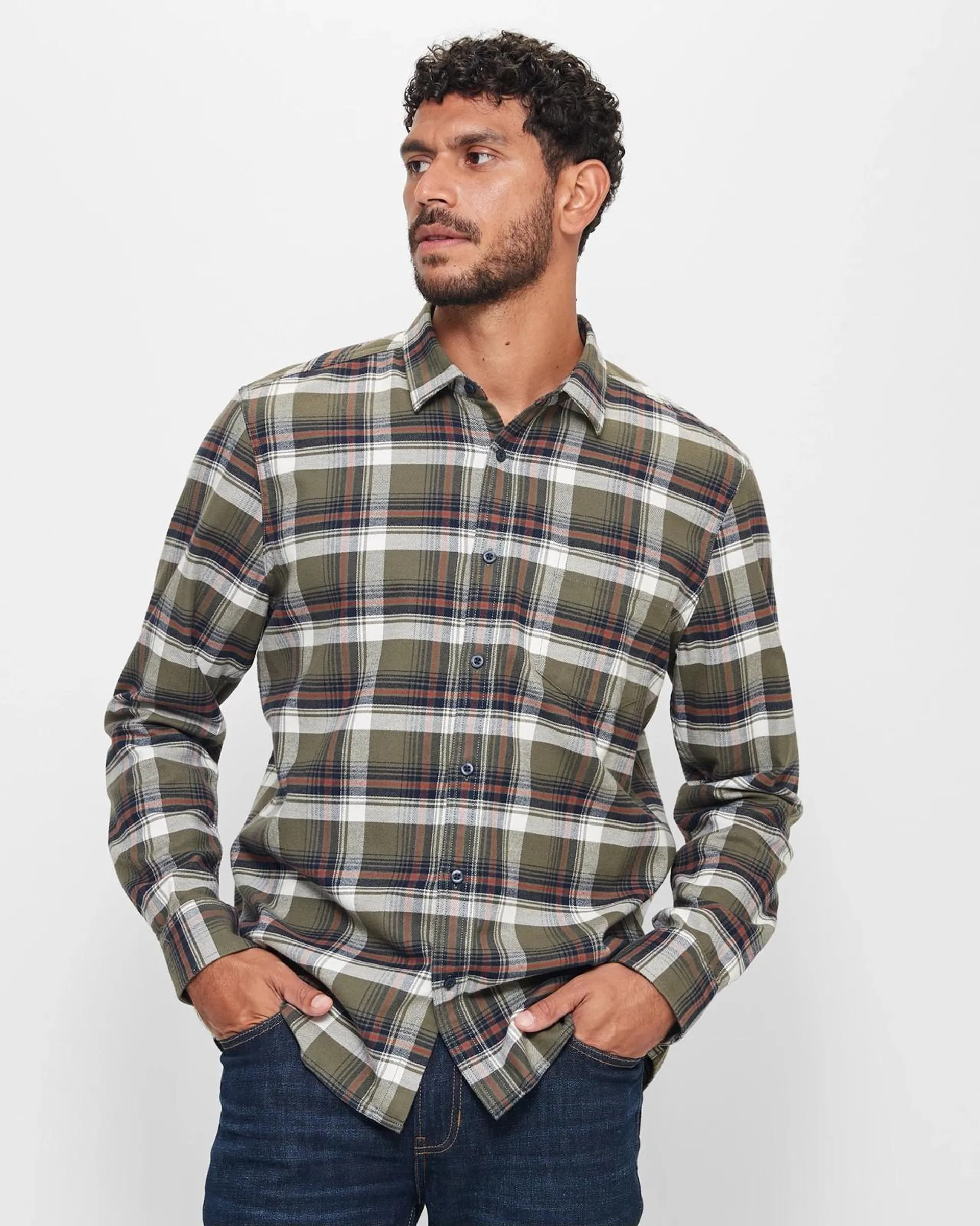 Long Sleeve Flannelette Shirt - Khaki