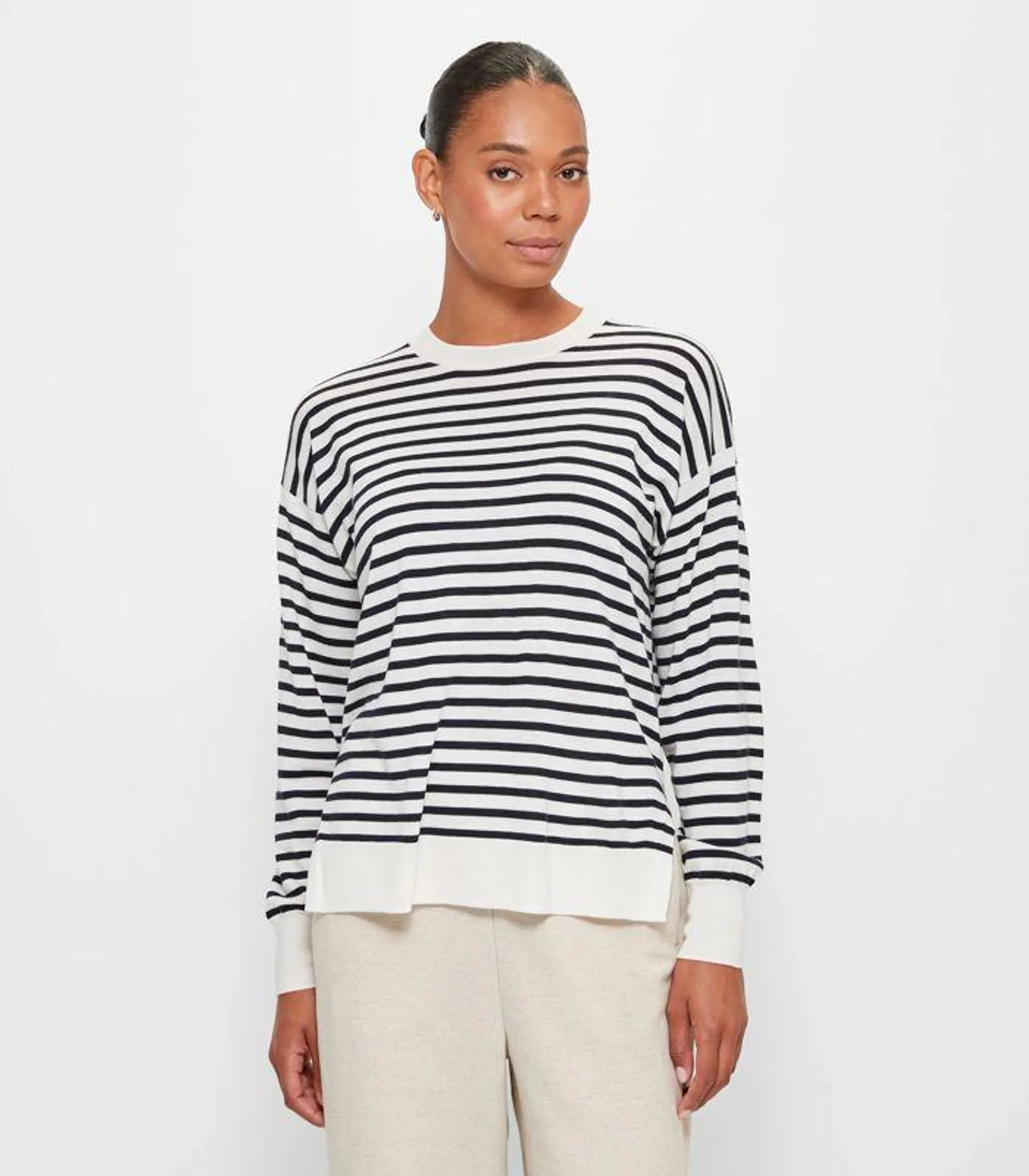 Merino Wool Crew Neck Jumper - Preview - White/Navy Stripe