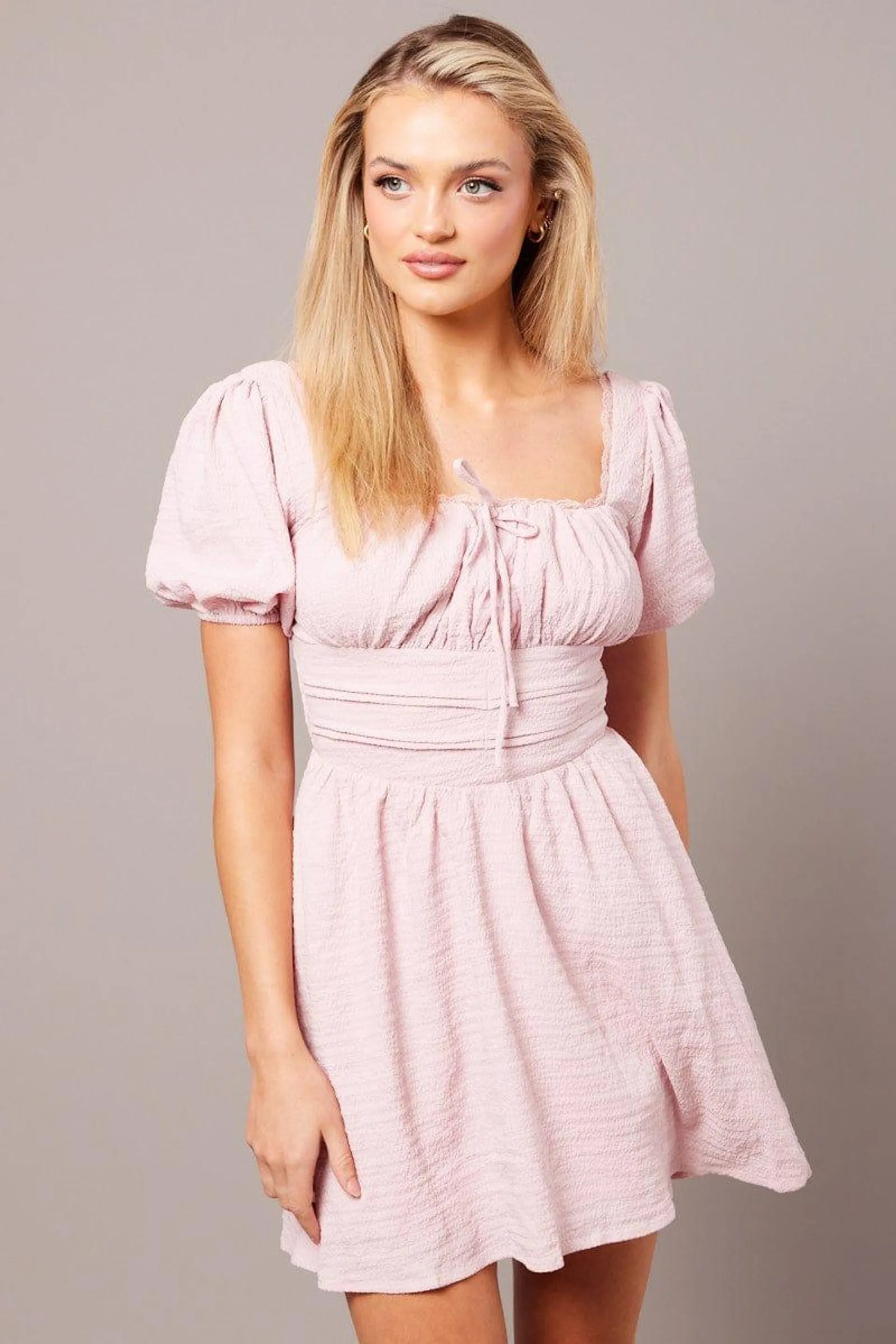 Pink Fit And Flare Dress Puff Sleeve