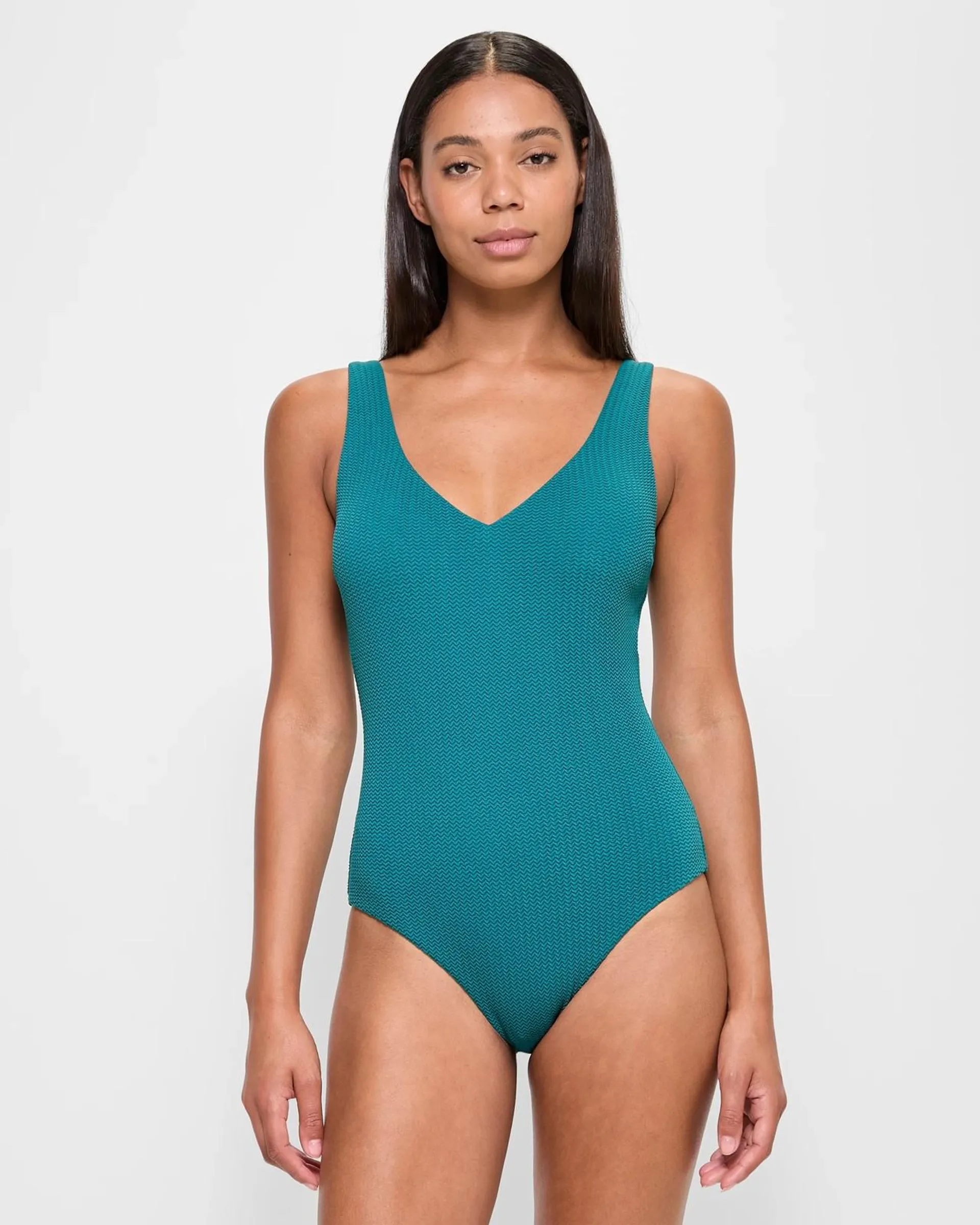 Textured V-Neck One Piece Swim Bathers - Balsam Green