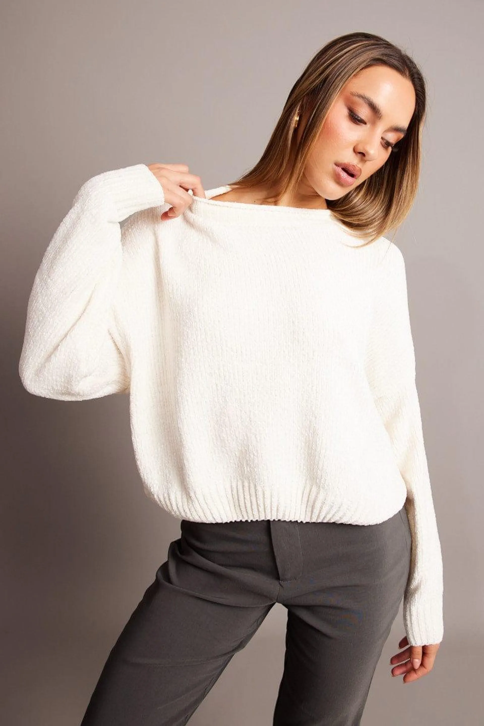 White Knit Jumper Long Sleeve Chenille