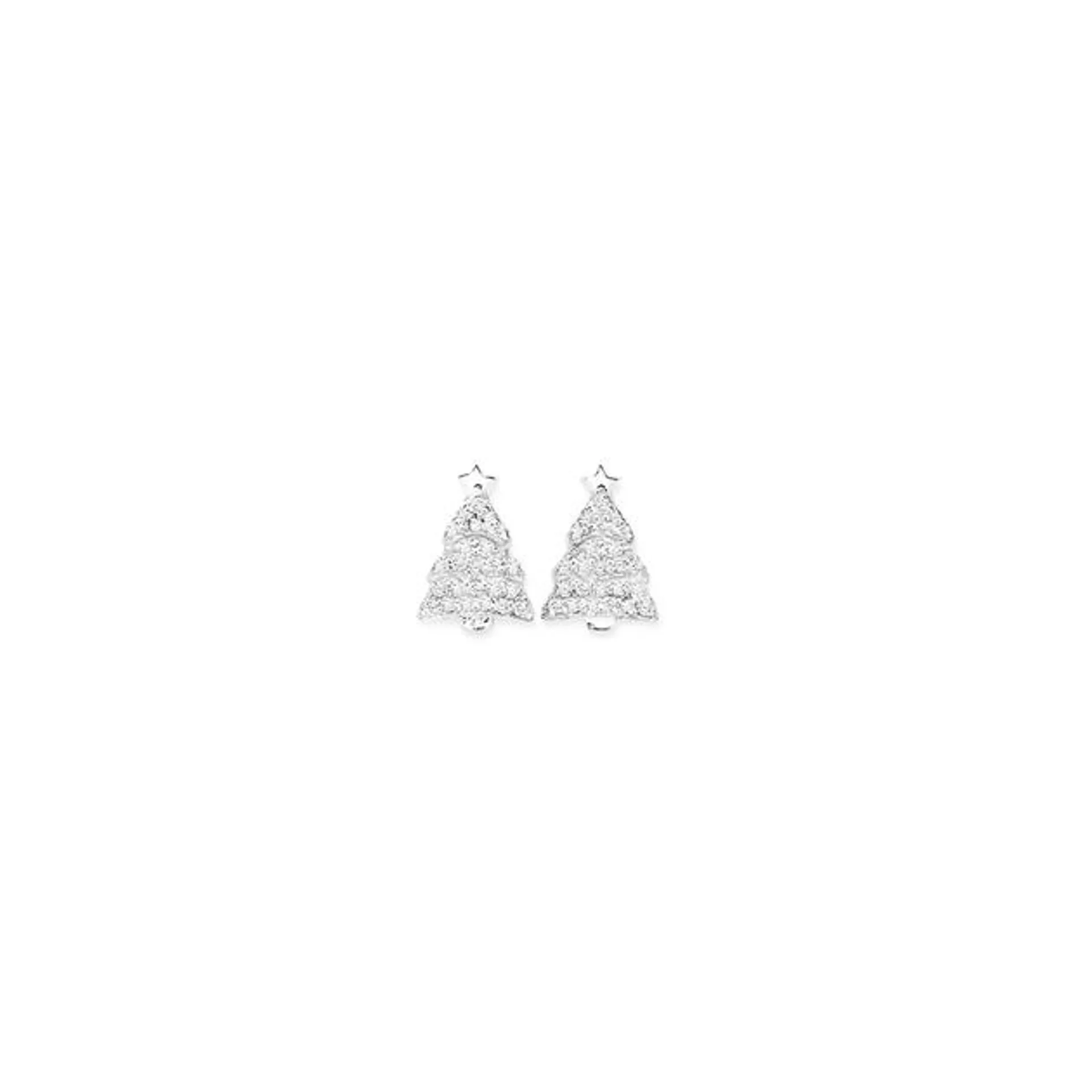 Silver Pave CZ Christmas Tree Stud Earrings