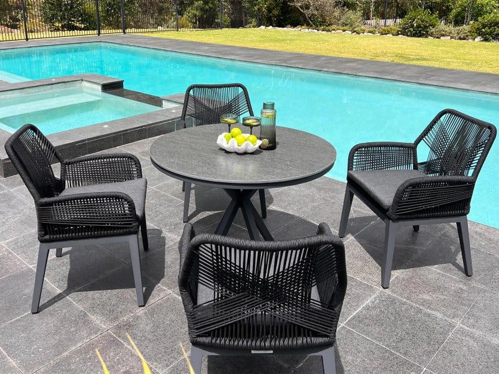 Adele Round Ceramic Table with Serang Chairs 5pc Outdoor Dining Setting