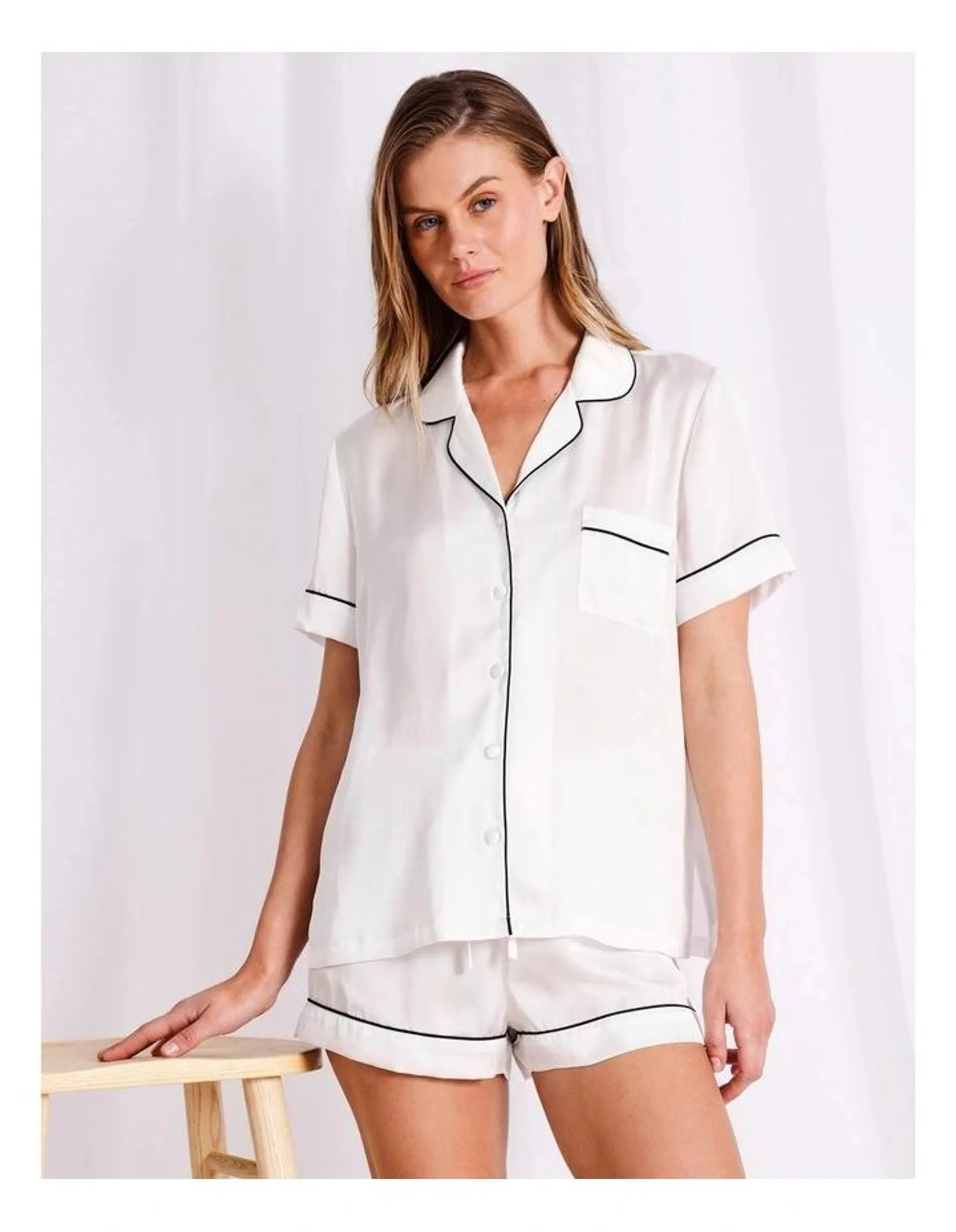 Chloe & Lola Signature Satin Short Sleeve Pyjama Set in Ivory