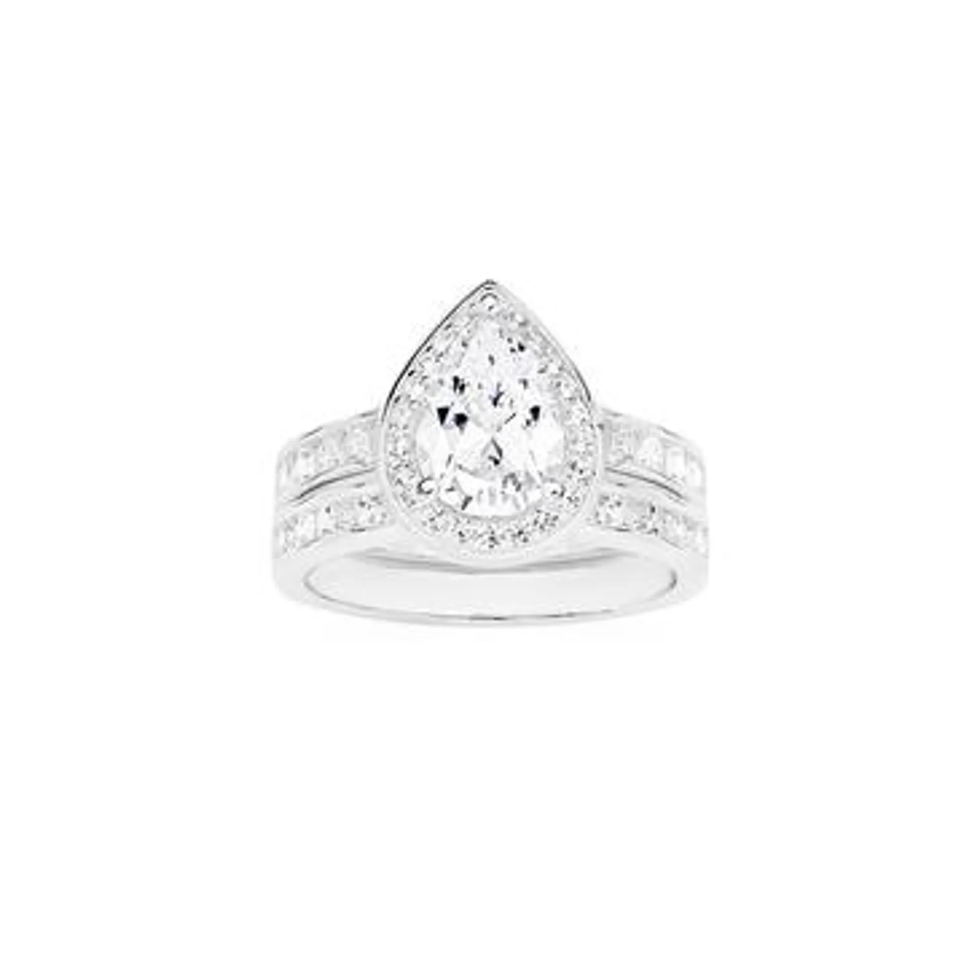 Silver Pear Cubic Zirconia Halo Wedder Set Ring