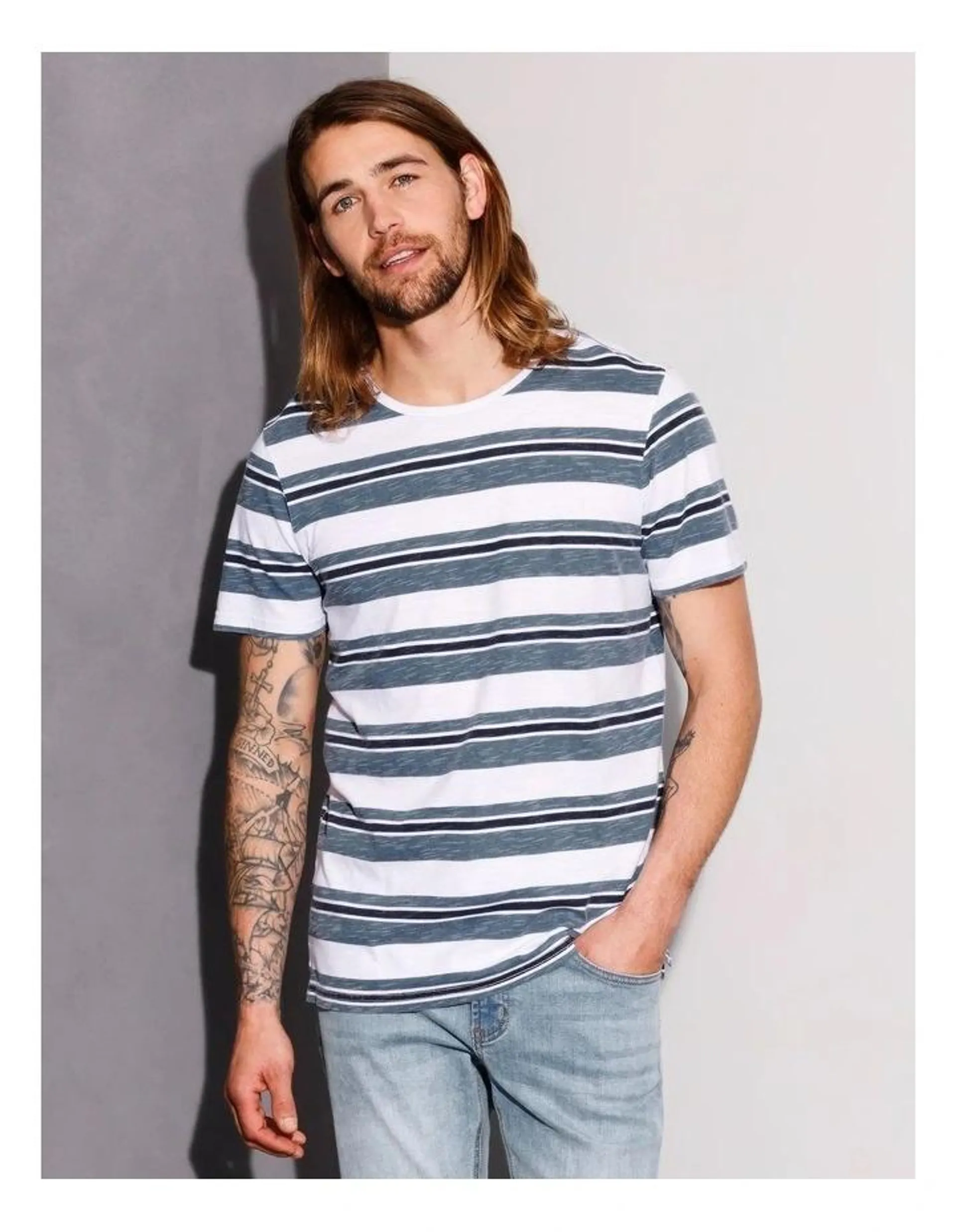 Sean Stripe Short Sleeve Tee in Mid Blues