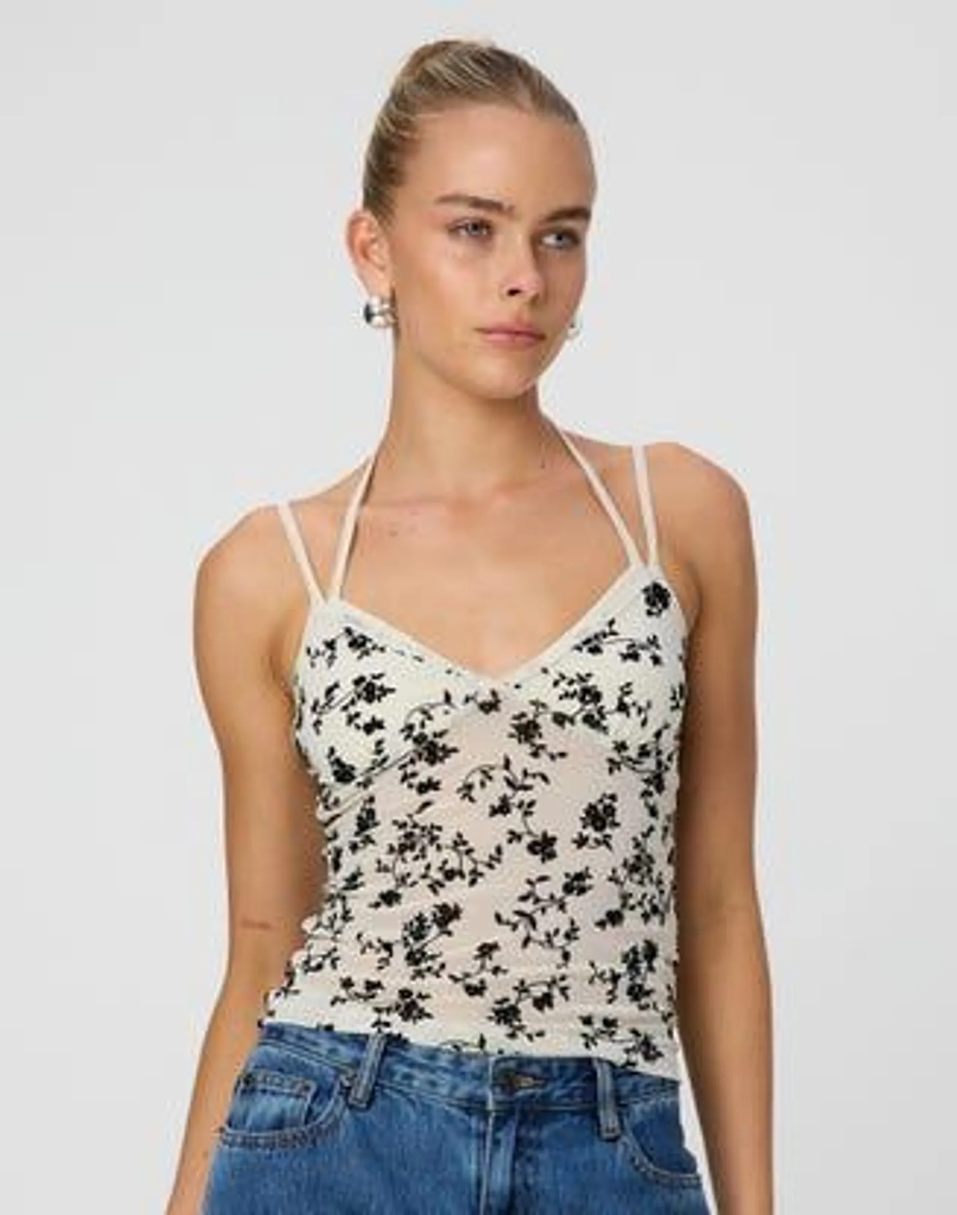 Embroidered Mesh Strappy Cami Top