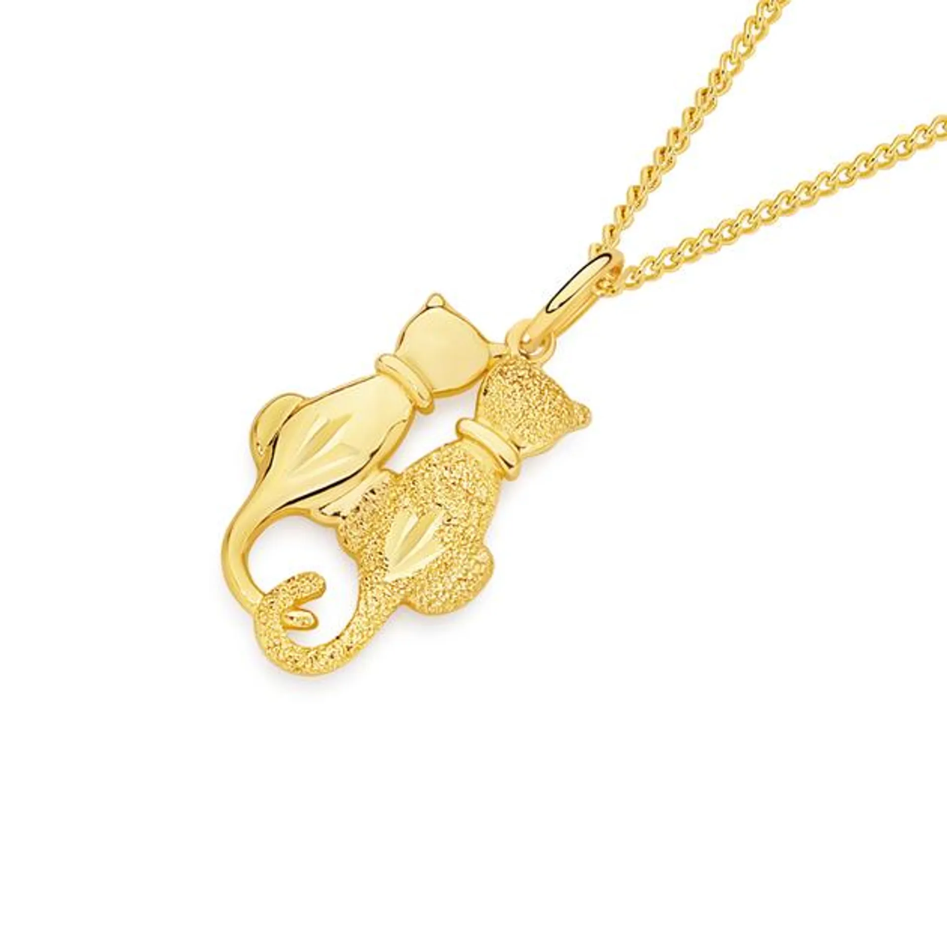 9ct Gold Polished & Stardust Twin Cat Pendant