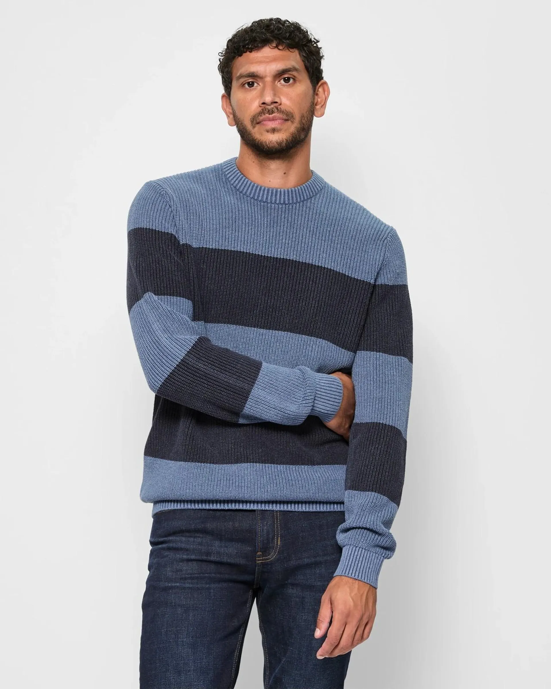 Australian Cotton Twin Stripe Knit Jumper - Blue/ Navy