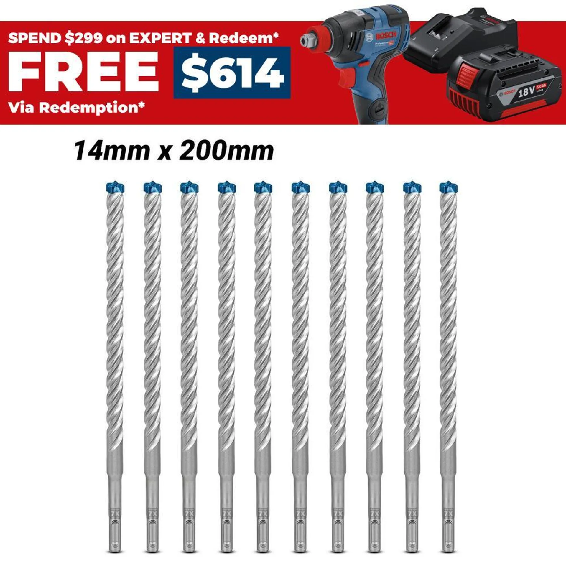 Bosch 2.608.900.176 EXPERT 10-Pack 14mm x 200mm x 265mm SDS Plus-7X Hammer Drill Bits