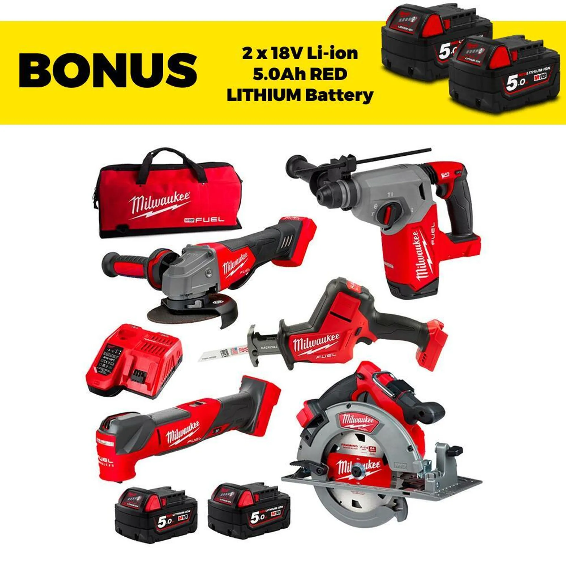 Milwaukee M18FPP5B3502B 18V 5.0Ah Li-ion Cordless 5pce M18 FUEL Power Pack Combo Kit