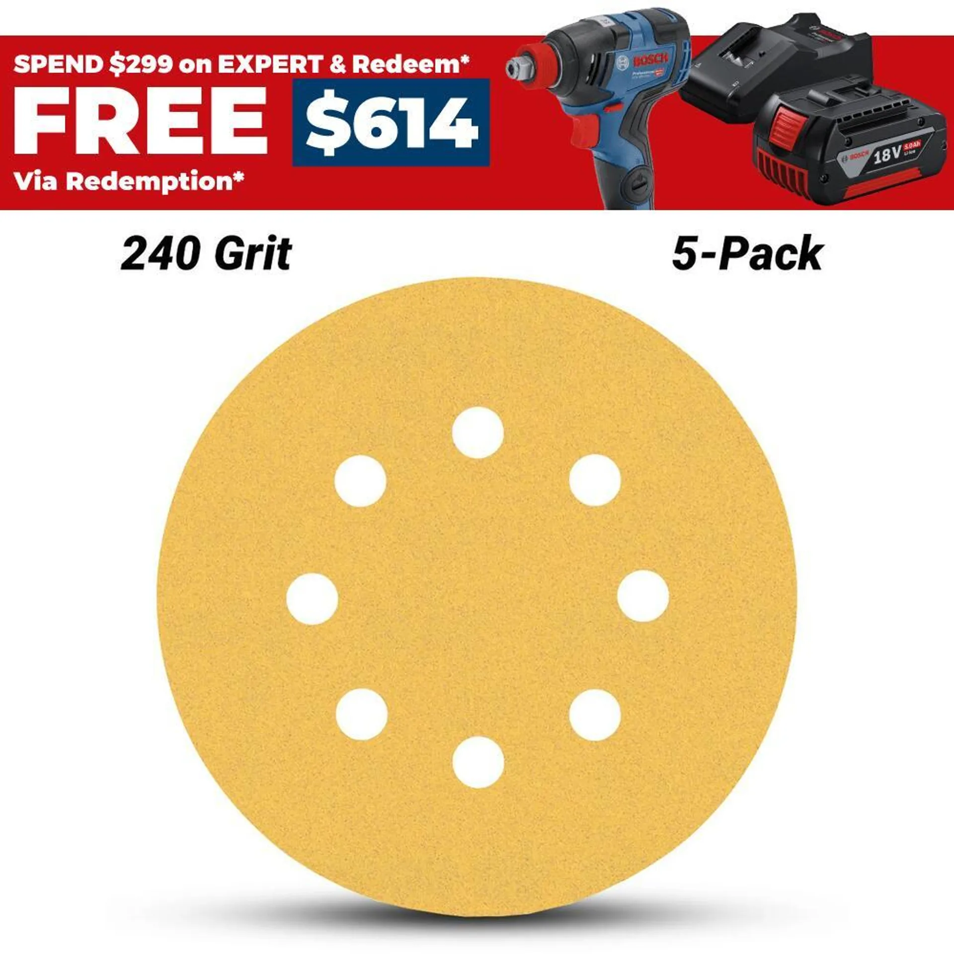 Bosch 2.608.900.809 EXPERT 5-Pack 125mm (5”) 240 Grit C470 Sandpaper Sanding Disc