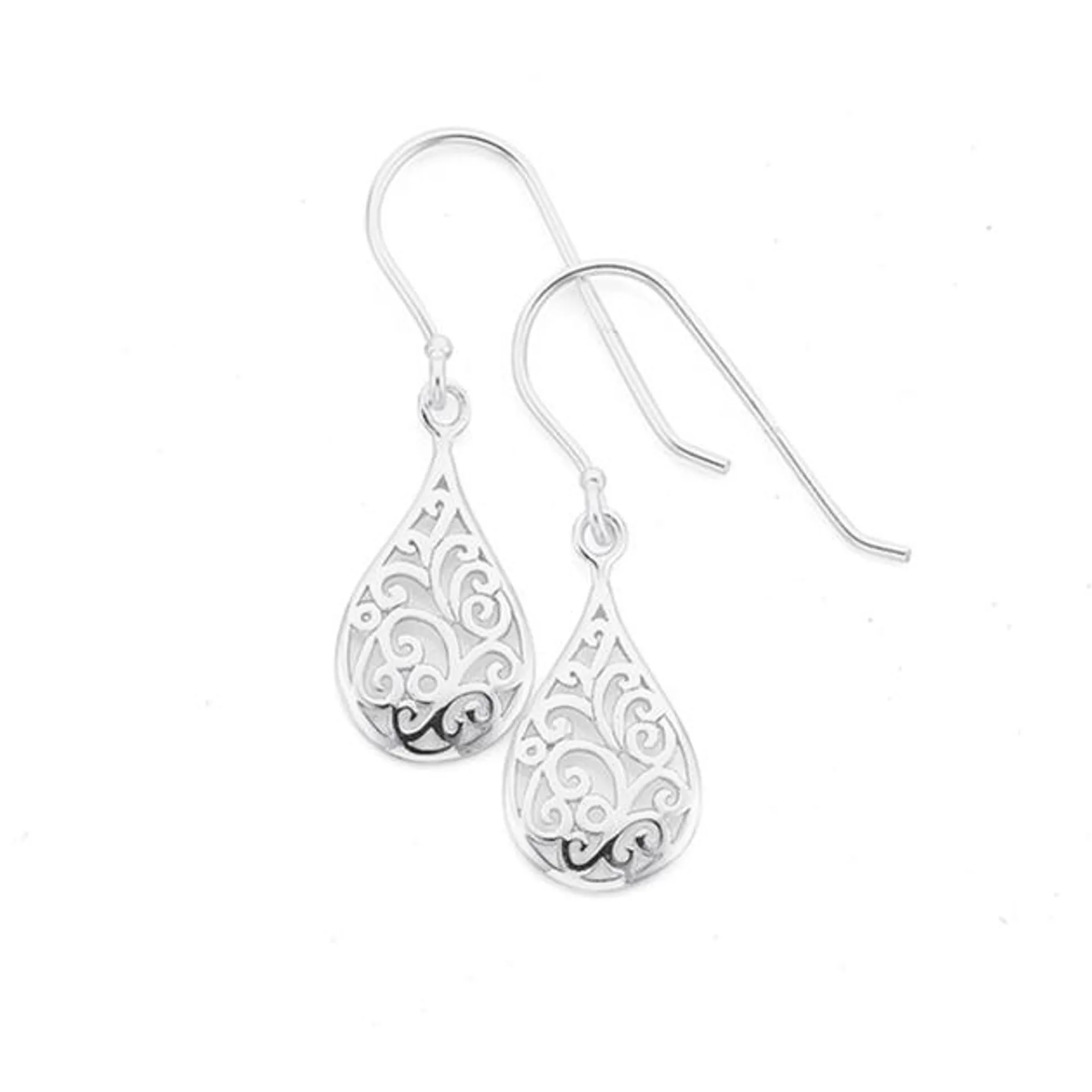 Sterling Silver Filigree Pear Shape Drop Hook Earrings