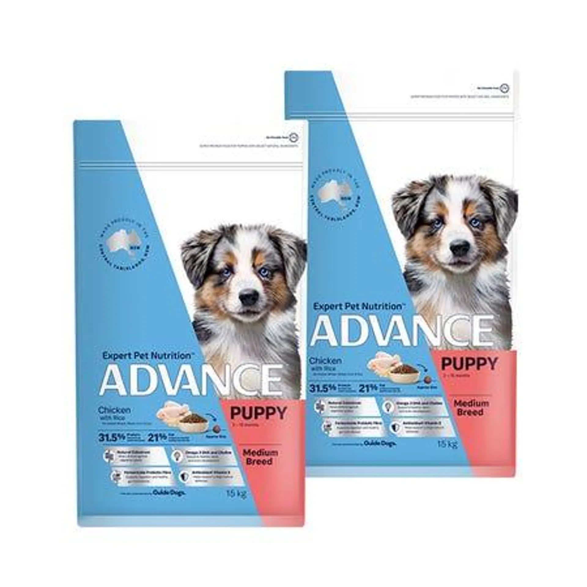 Advance Medium Breed Chicken & Rice Puppy Dog Food 15kgx2