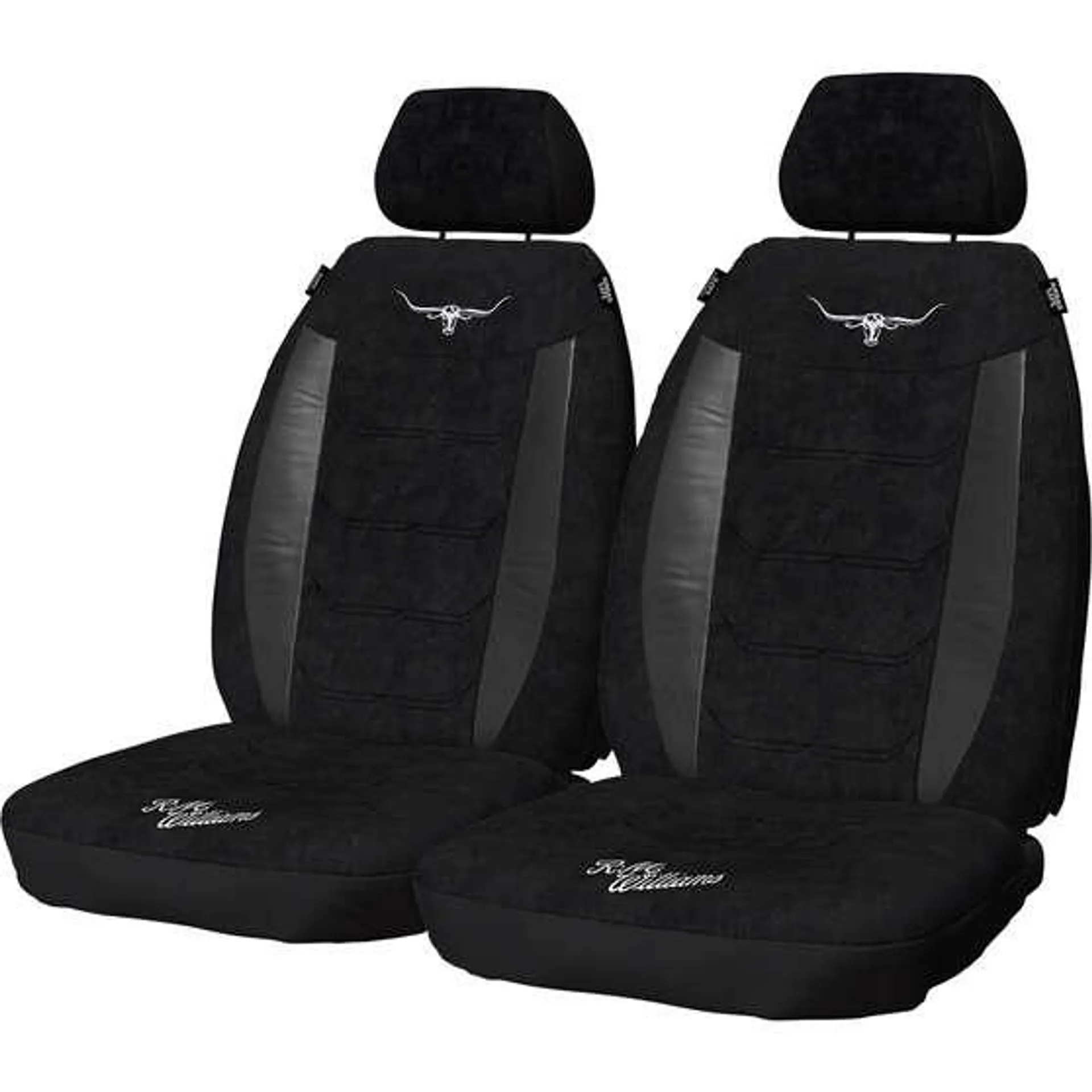 R.M.Williams Suede Velour Seat Covers Black Adjustable Headrests Size 30 Front Pair Airbag Compatible