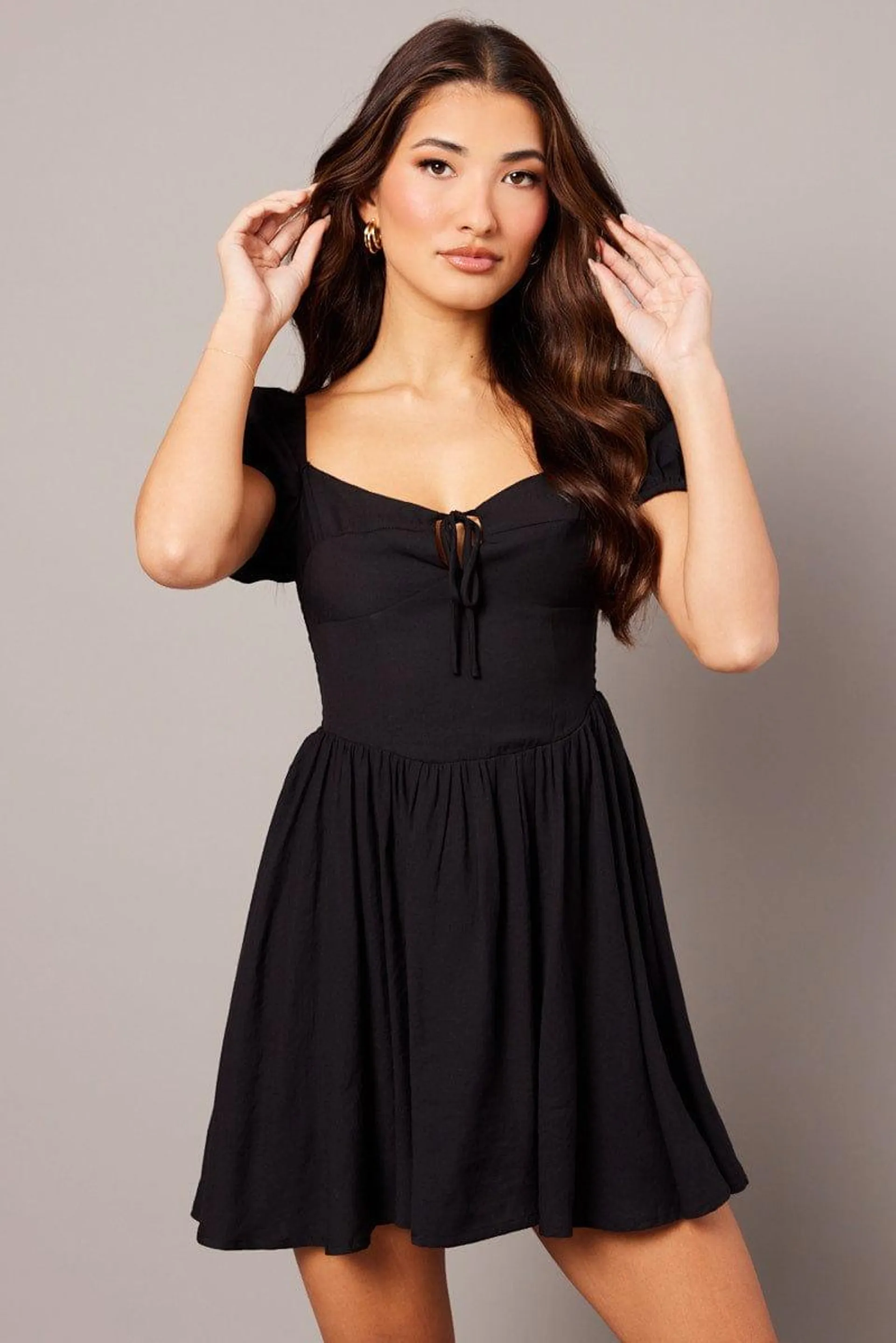 Black Fit And Flare Dress Puff Sleeve