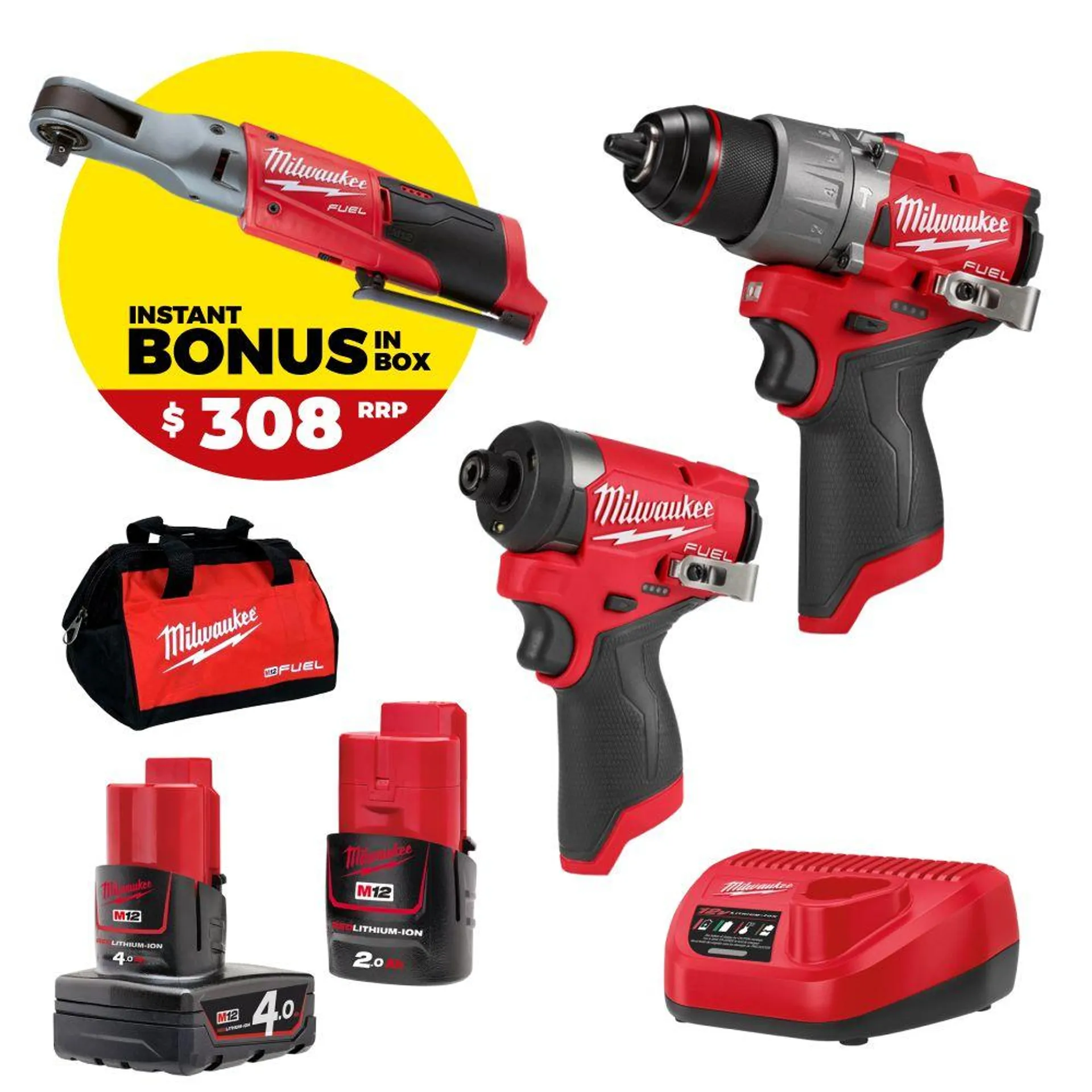 [Pre-Order] Milwaukee M12FPP2A2B422B 12V 2.0Ah/4.0Ah Li-ion Cordless Brushless 2pce Combo Kit