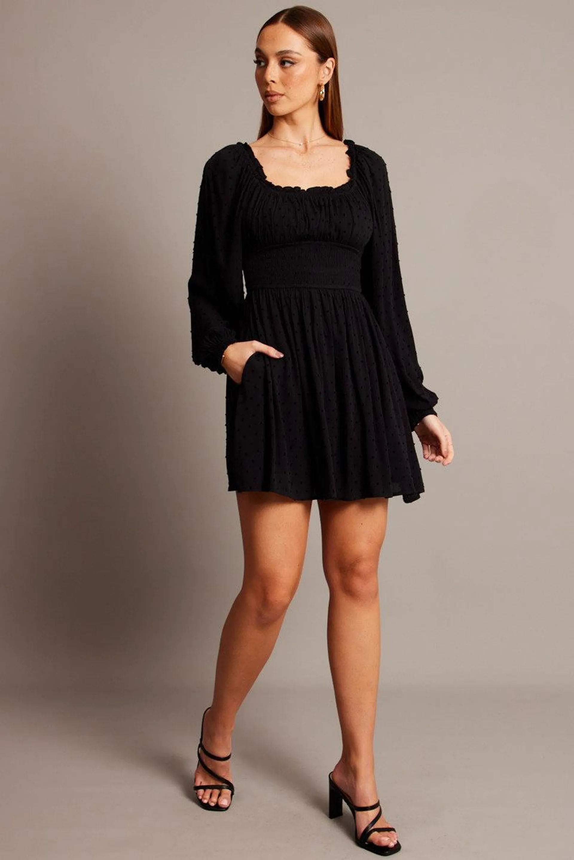 Black Fit And Flare Dress Long Sleeve Mini