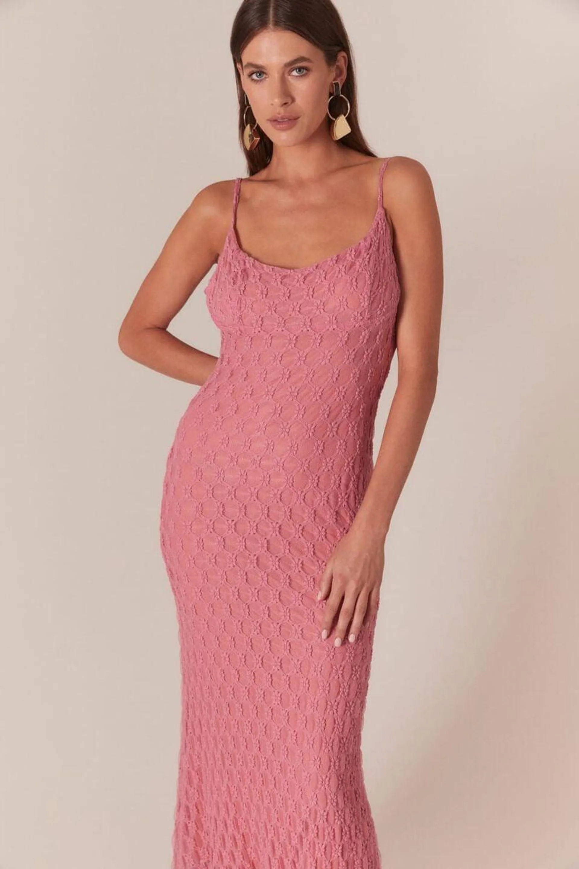 adoni mesh midi dress in lili pink