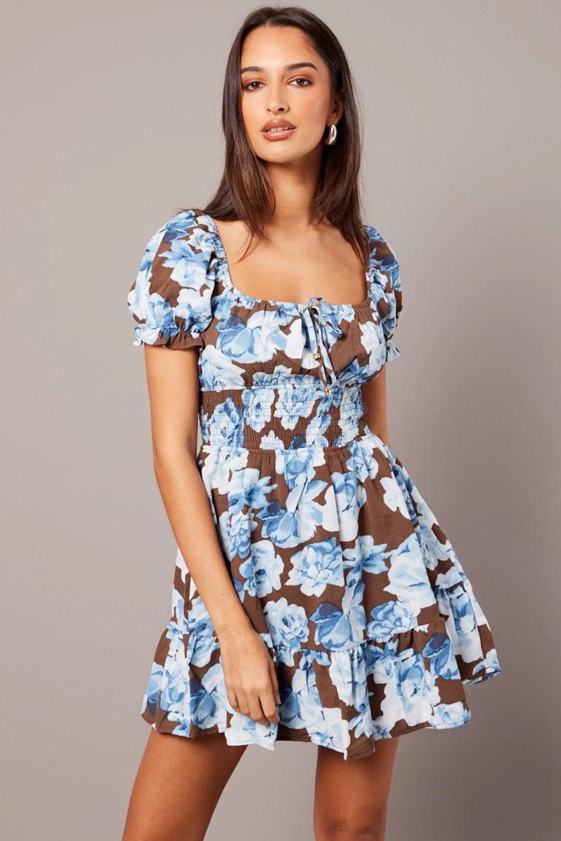 Multi Floral Fit And Flare Dress Puff Sleeve Mini Floral print