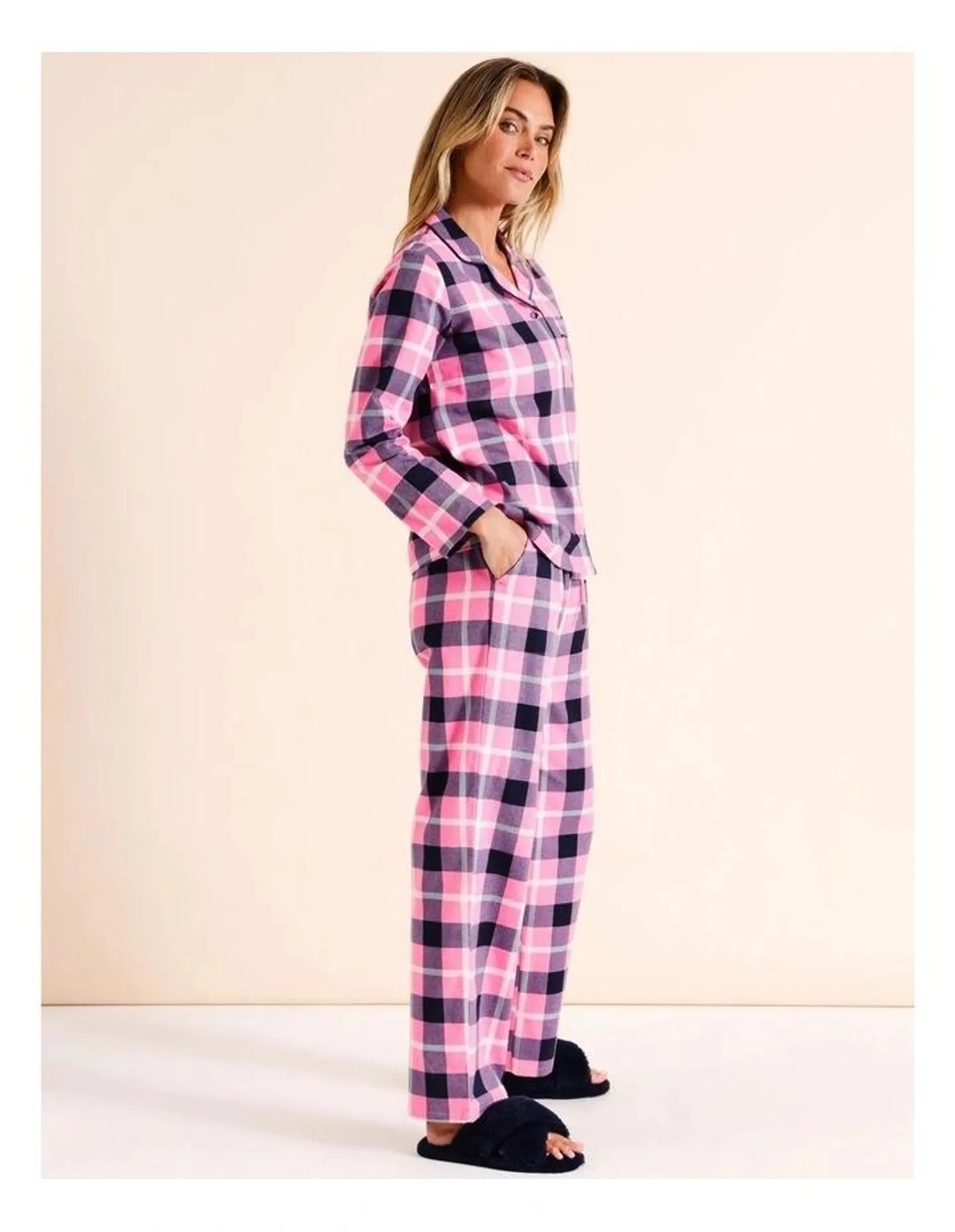 Flannelette Pyjama Set in Navy & Pink