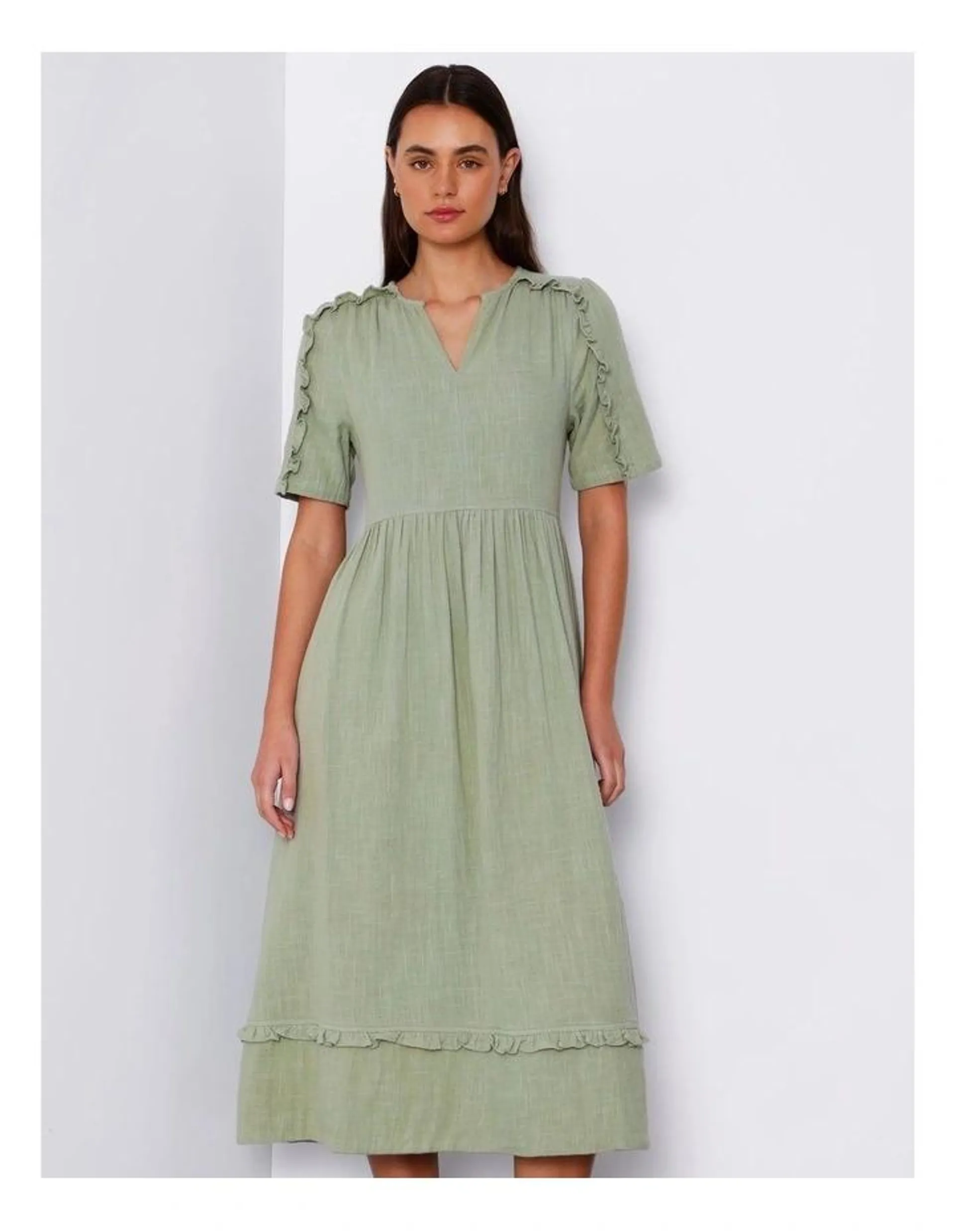 Organic Cheesecloth Midi Dress in Dusty Green