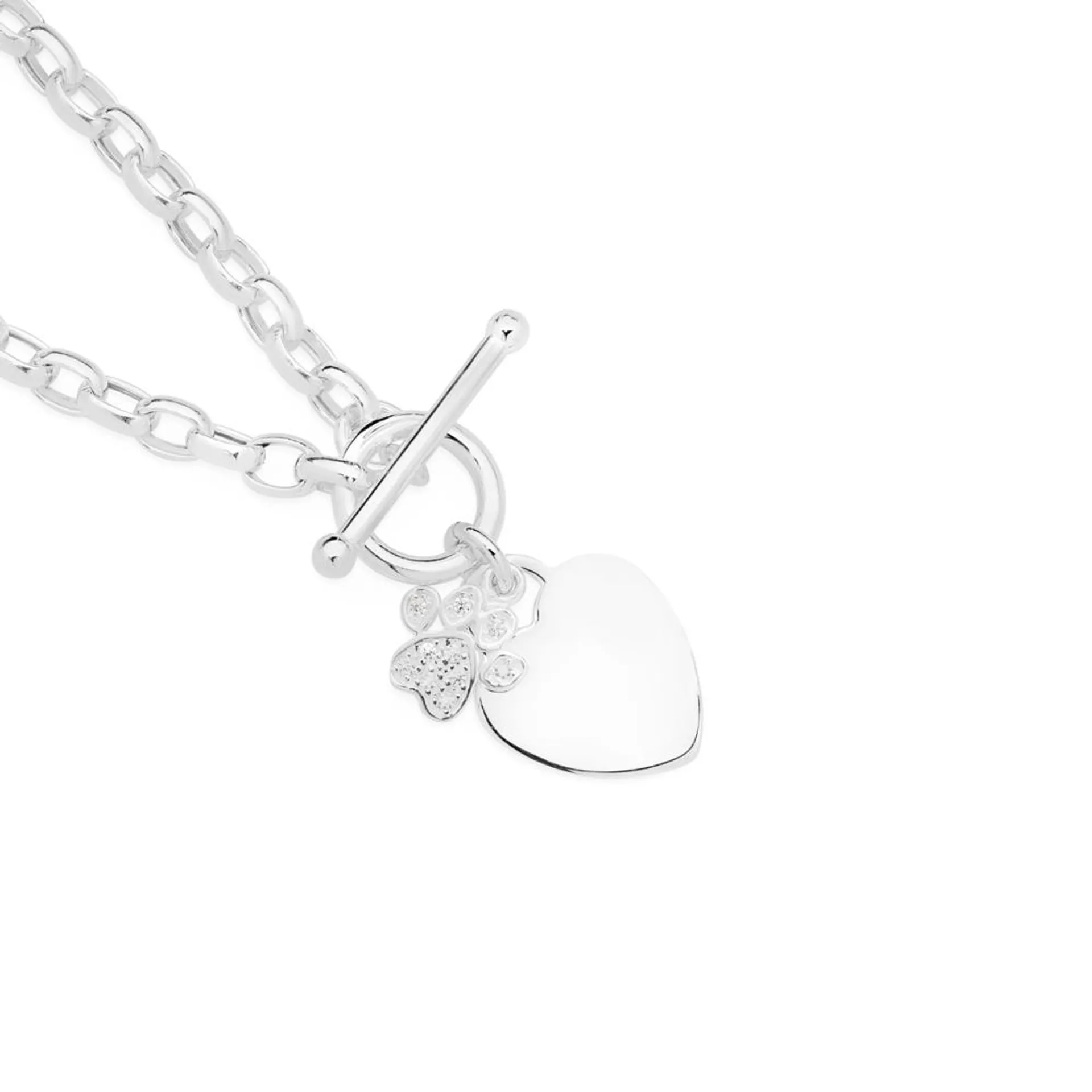 Silver CZ Paw Print & Heart FOB Bracelet