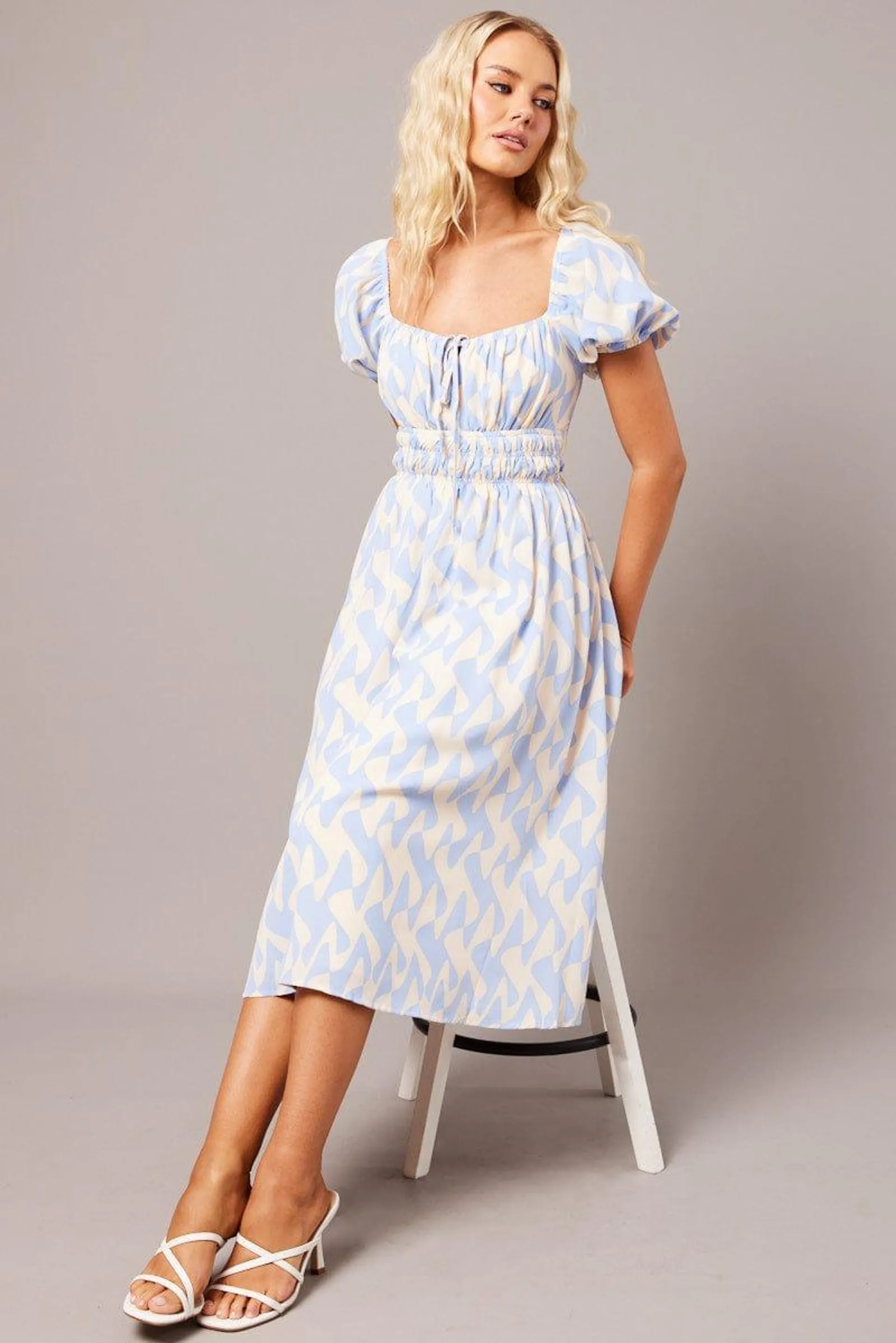 Blue Geo Midi Dress Short Sleeve Ruched Bust